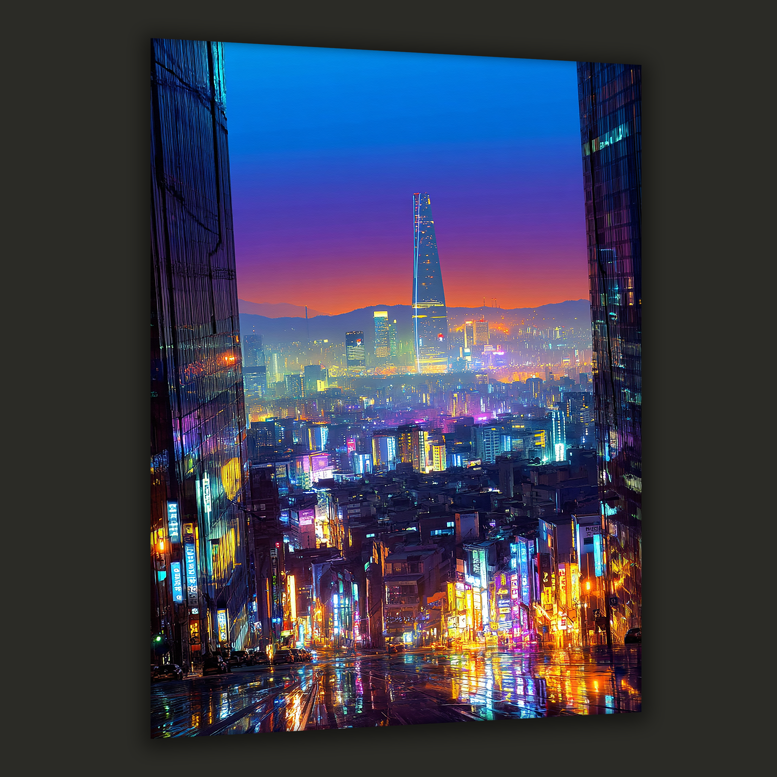 Neon Seoul skyline with wet street reflections at sunset — canvas art