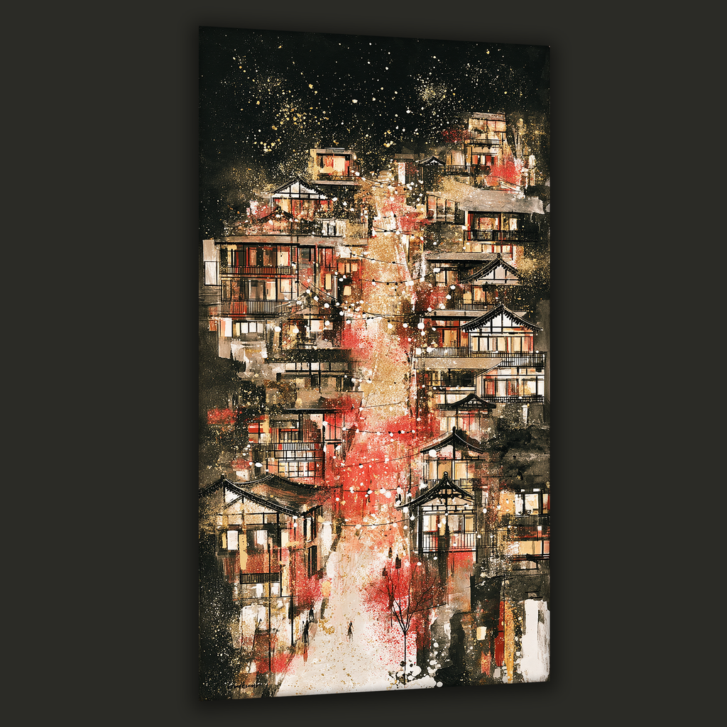Korean hillside village glowing with warm lights and red winter tones in a portrait canvas