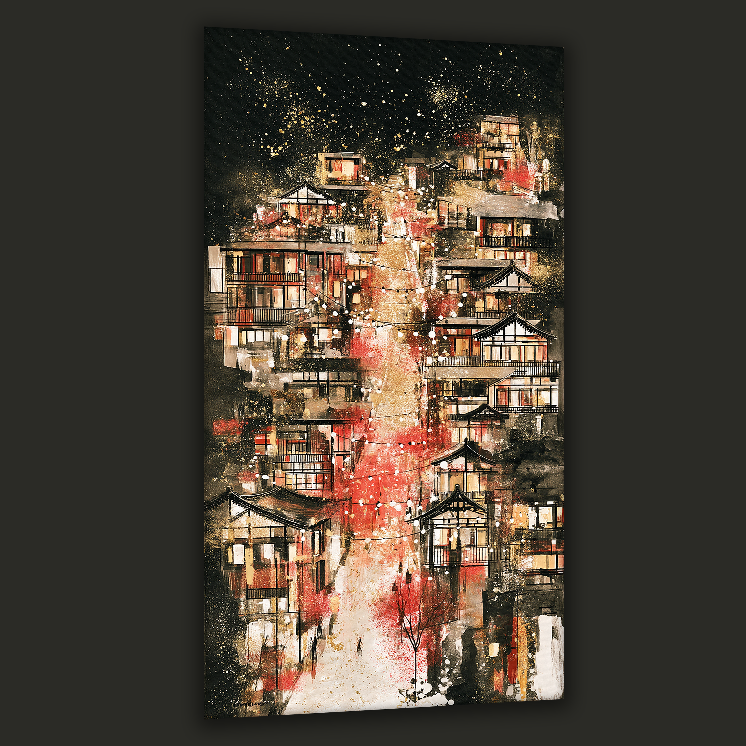 Korean hillside village glowing with warm lights and red winter tones in a portrait canvas