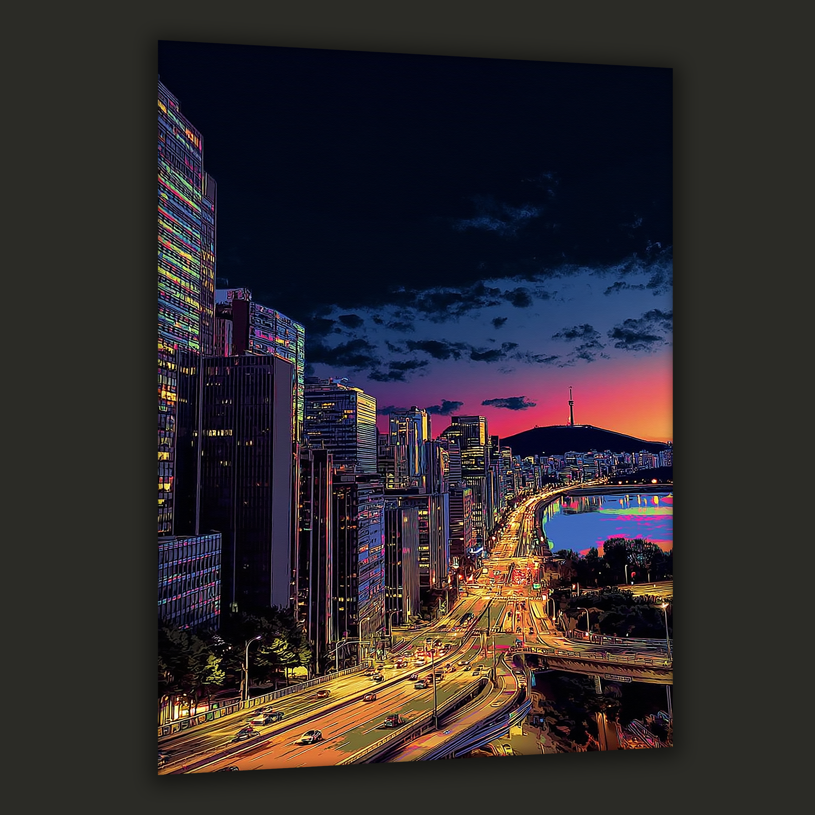 Neon Seoul skyline at night with river reflections — canvas art