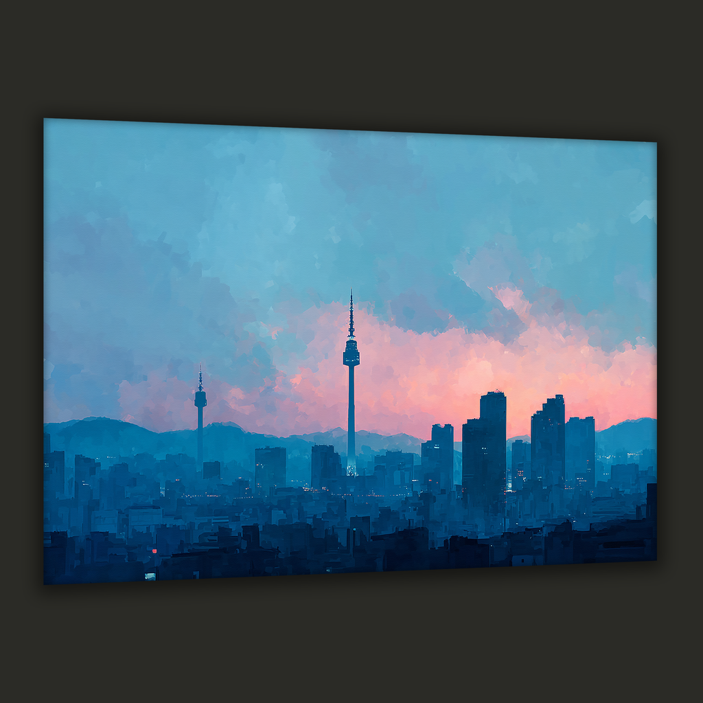 Seoul skyline at dawn with Namsan Tower against pastel sky — canvas art