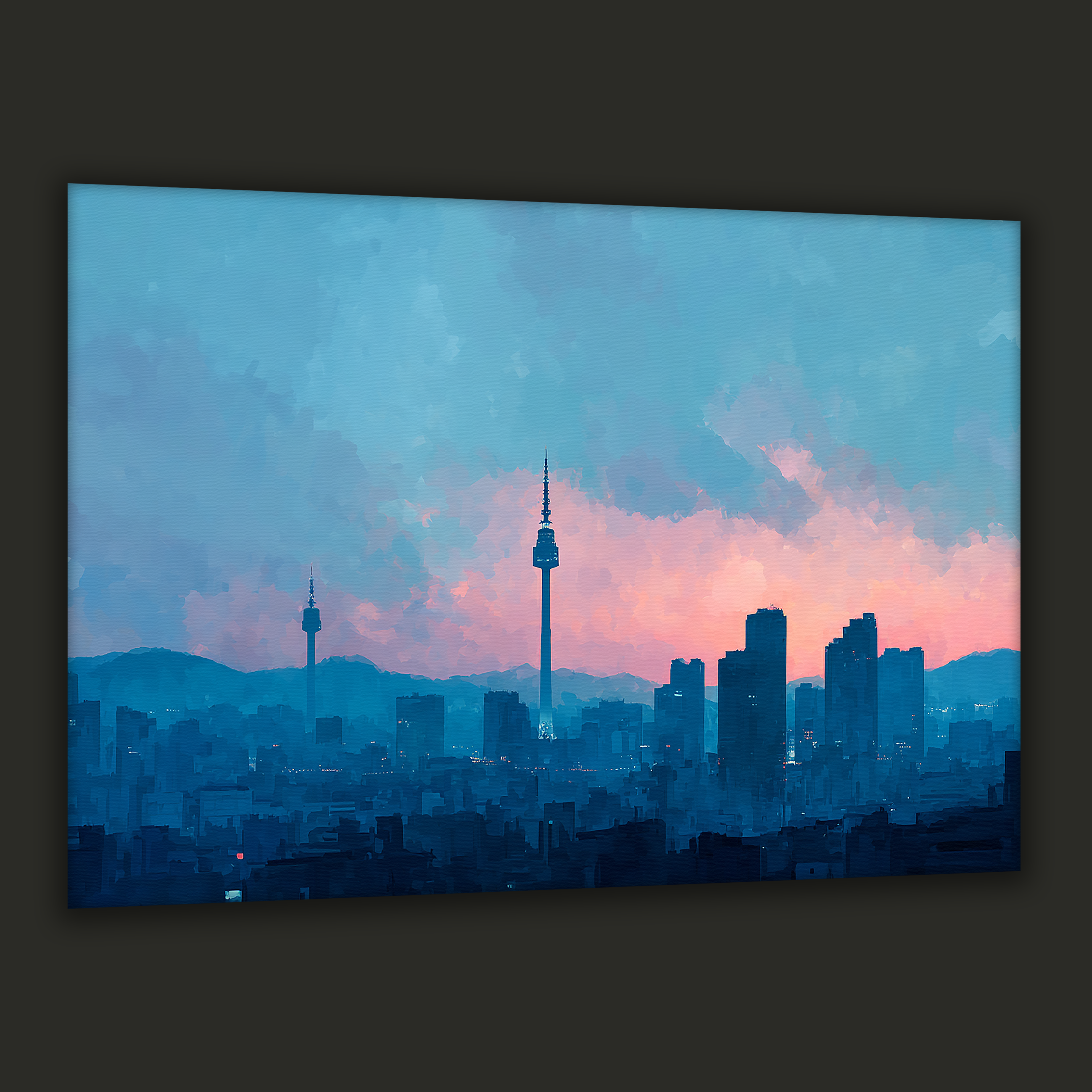 Seoul skyline at dawn with Namsan Tower against pastel sky — canvas art