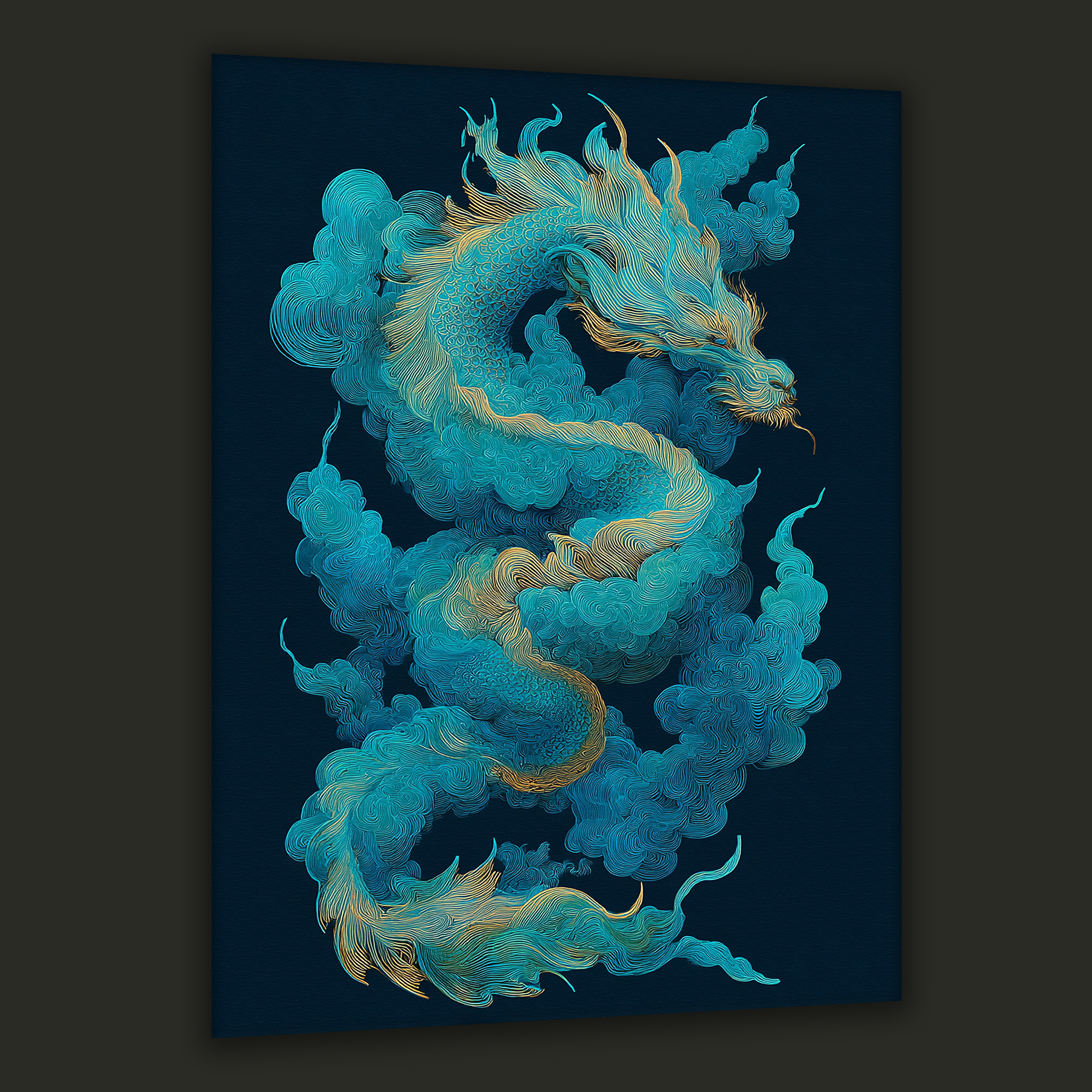 Korean dragon artwork swirling through teal clouds in gold line style vertical canvas