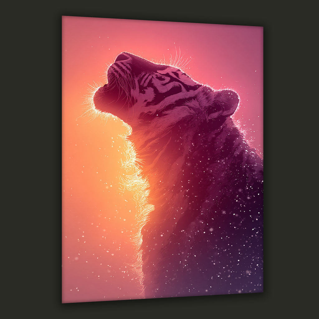 Korean tiger silhouette glowing in warm sunset light vertical canvas art