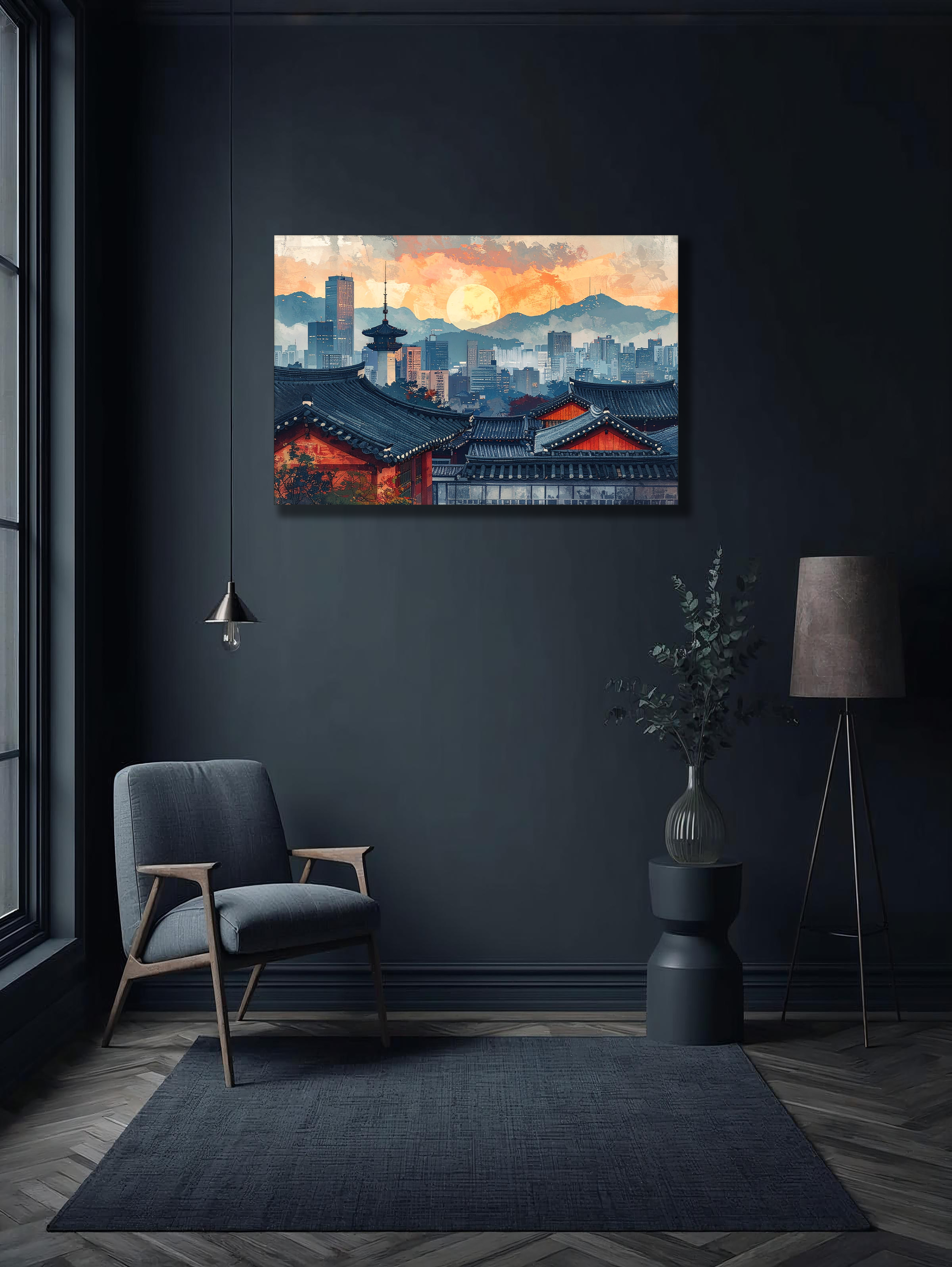 Moon Over Modern Seoul – Korean Cityscape Landscape Canvas Art