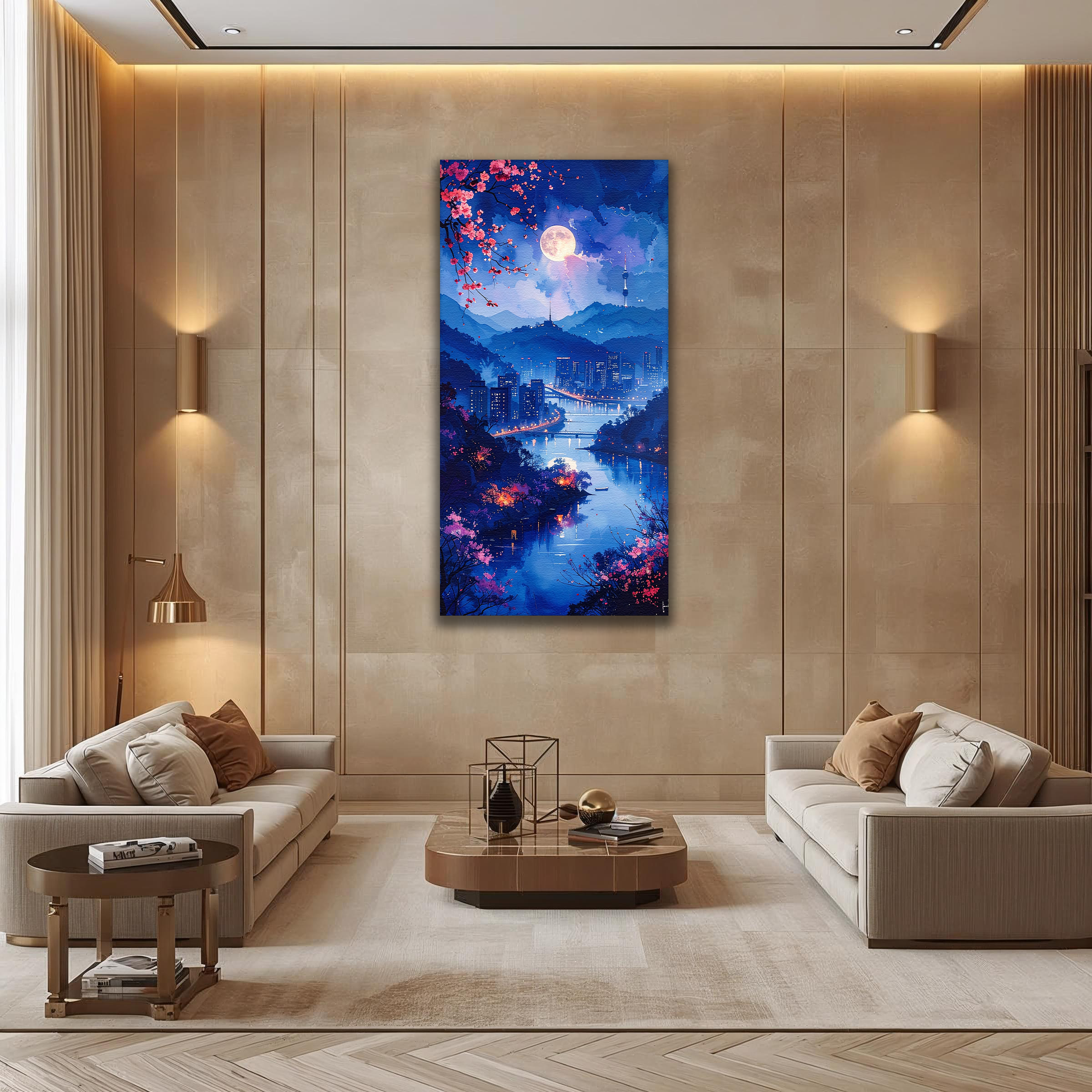Full Moon over Seoul Nightscape (Portrait Canvas Edition)