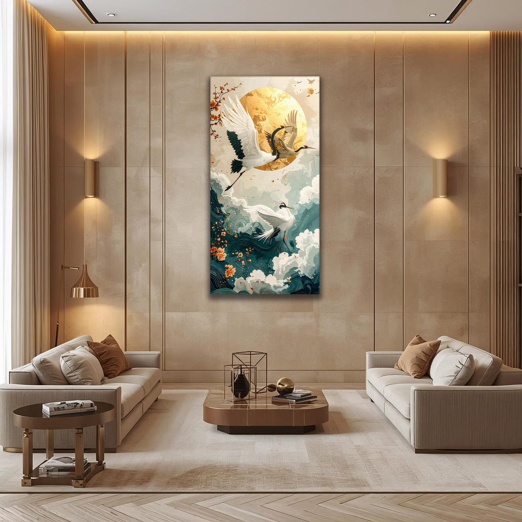 Golden Moon & Soaring Cranes (Portrait Canvas Edition)