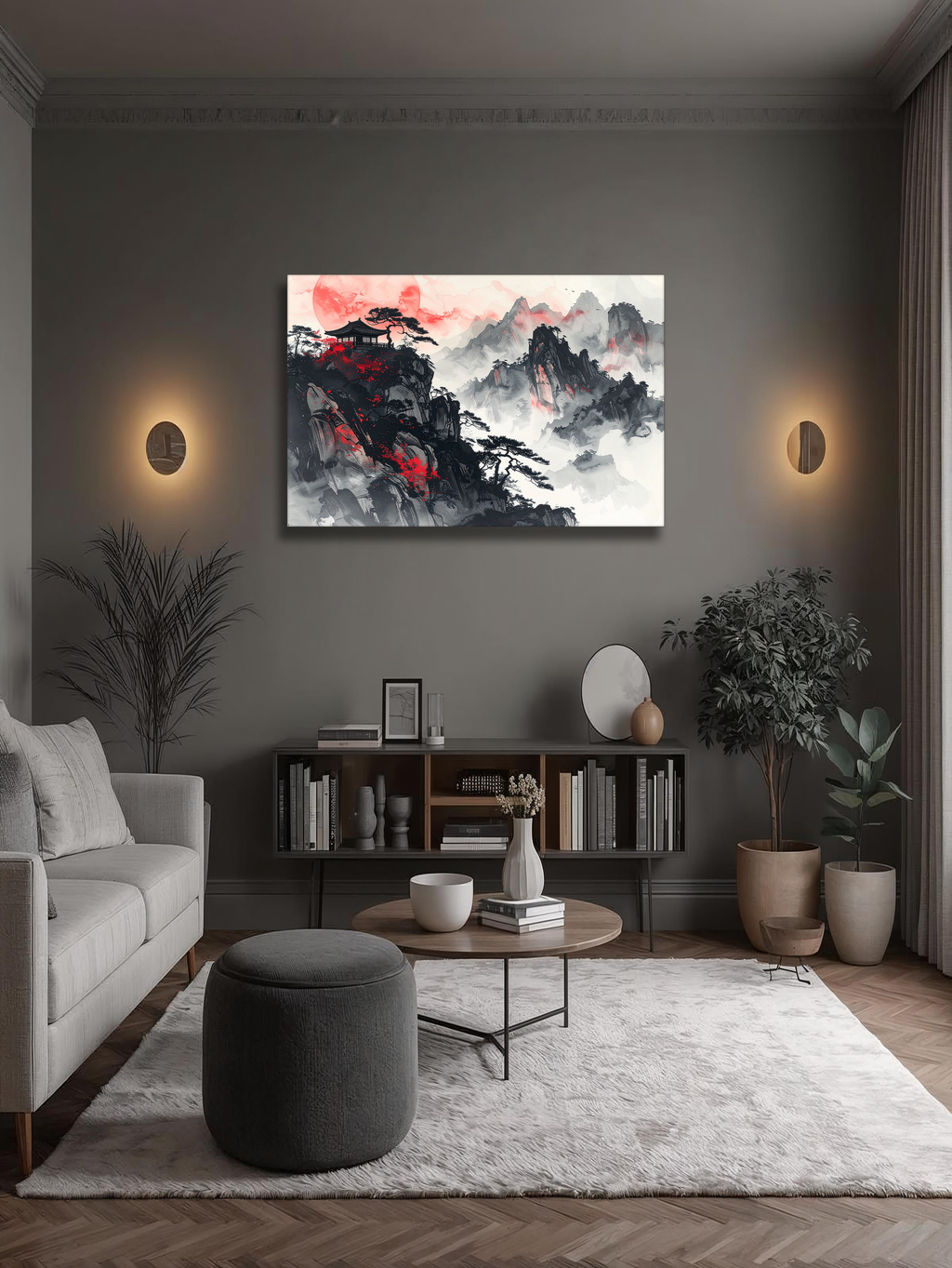 Crimson Moon over Misty Peaks – Korean Mountain Landscape Canvas Art