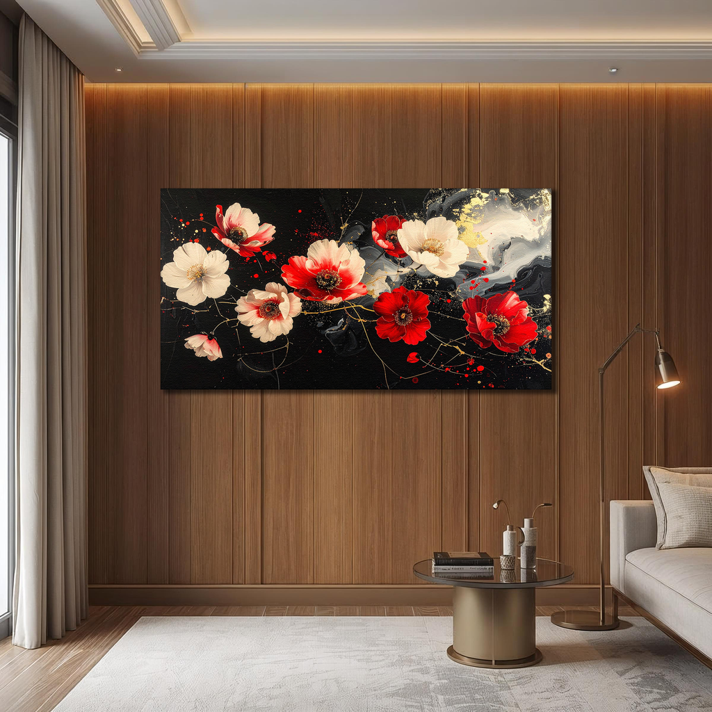 Crimson Blossoms on Black Silk (Landscape Canvas Edition)