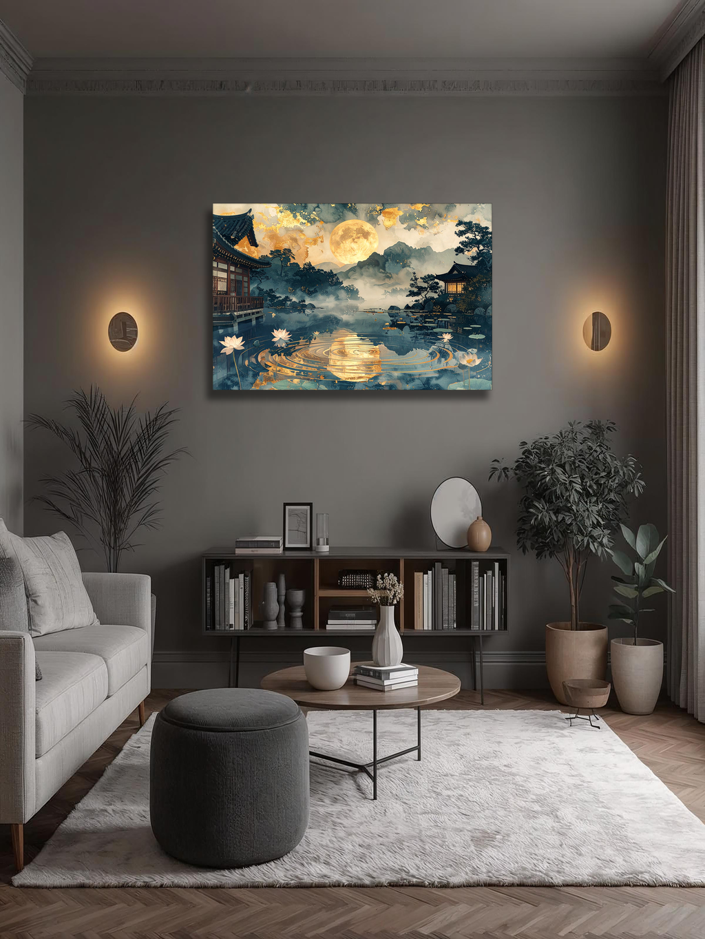 Golden Moon over Lotus Lake – Korean Hanok Moonlight Canvas Art