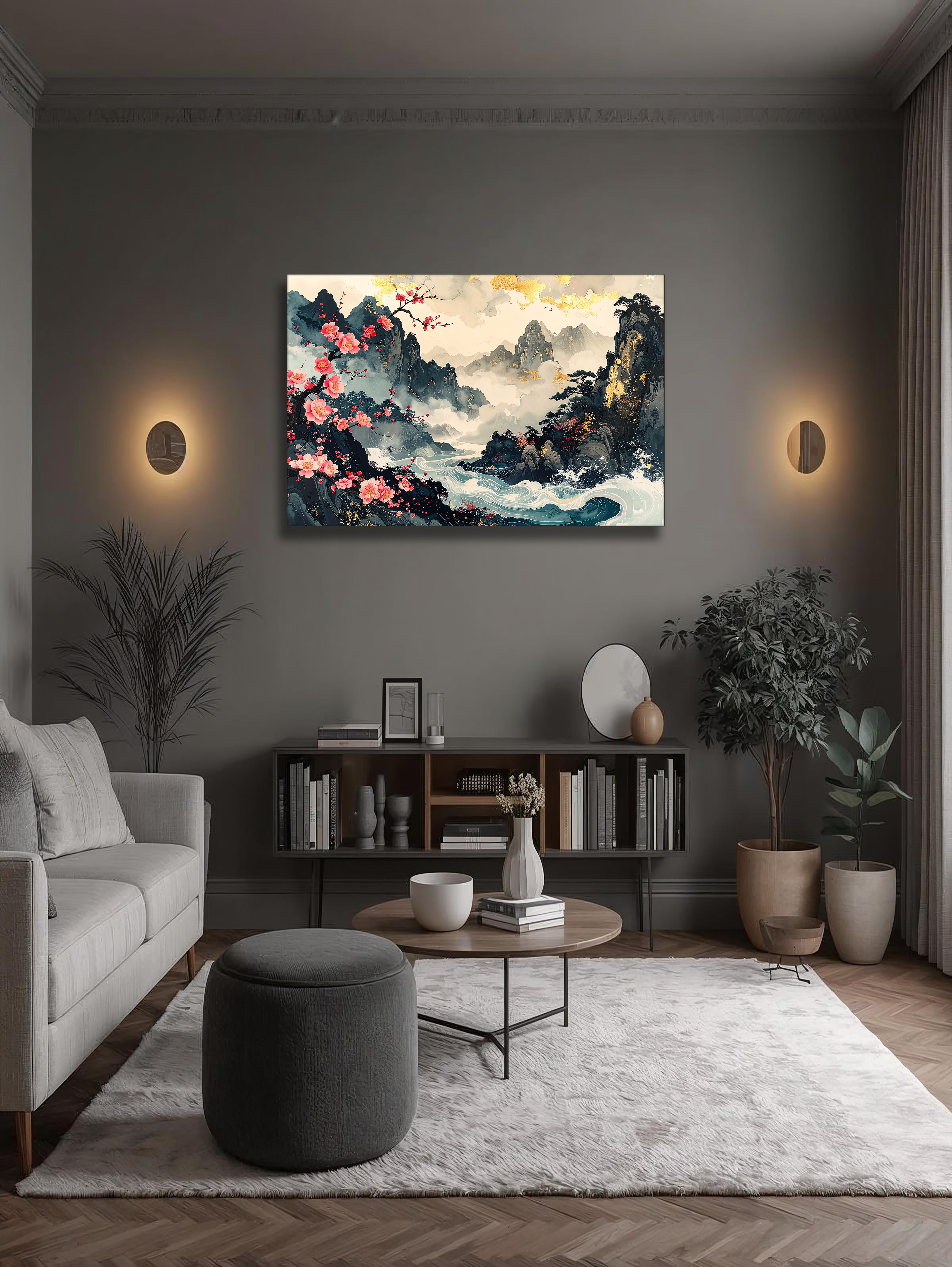 Bloom of Spring over Misty Mountains – Korean Plum Blossom Landscape Canvas Art
