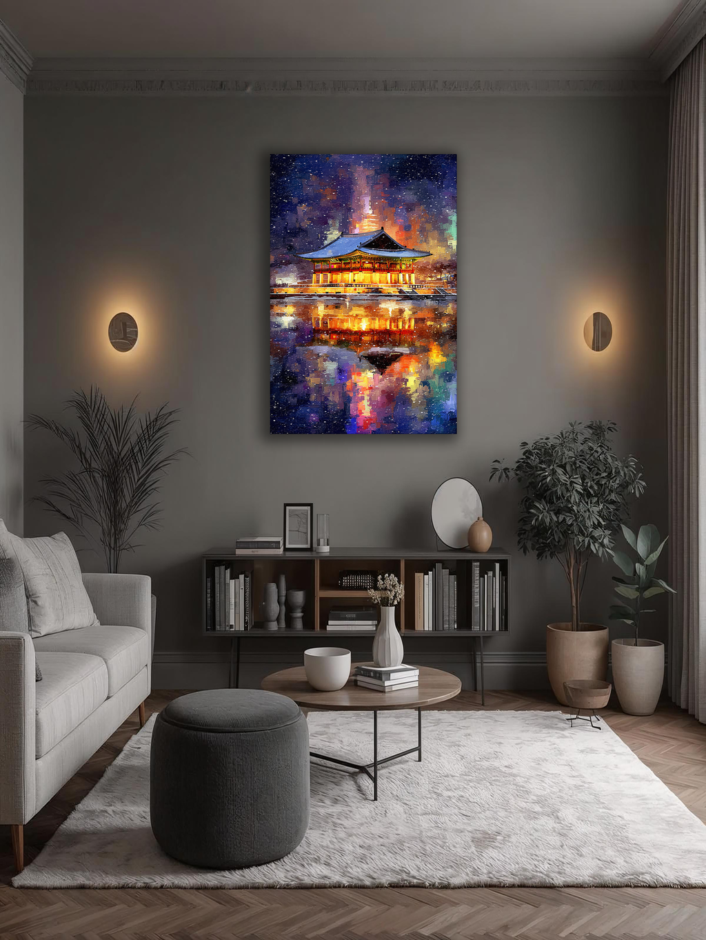 Korean Illuminated Pavilion Canvas Art | Snowy Lakeside Night