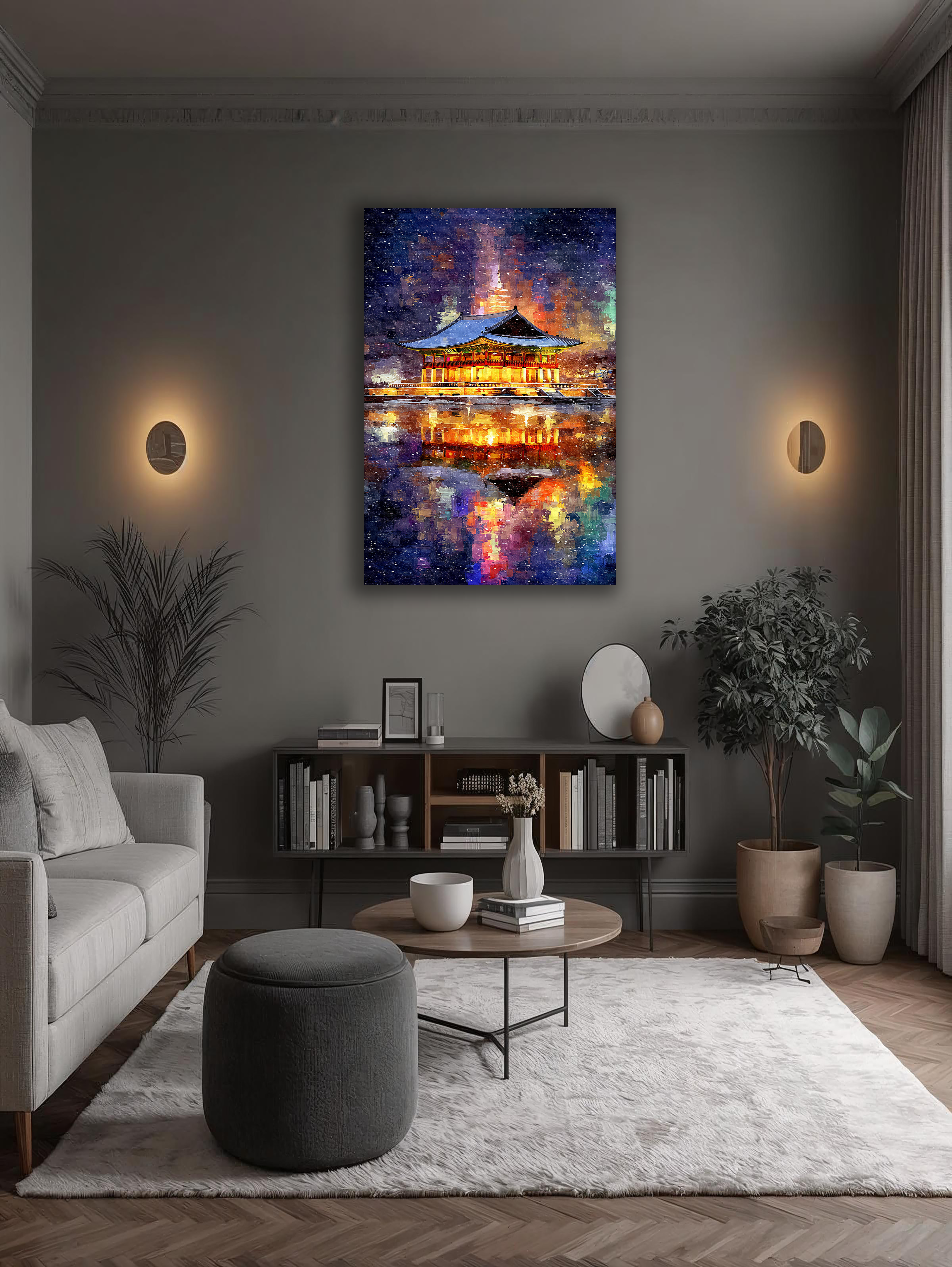 Korean Illuminated Pavilion Canvas Art | Snowy Lakeside Night