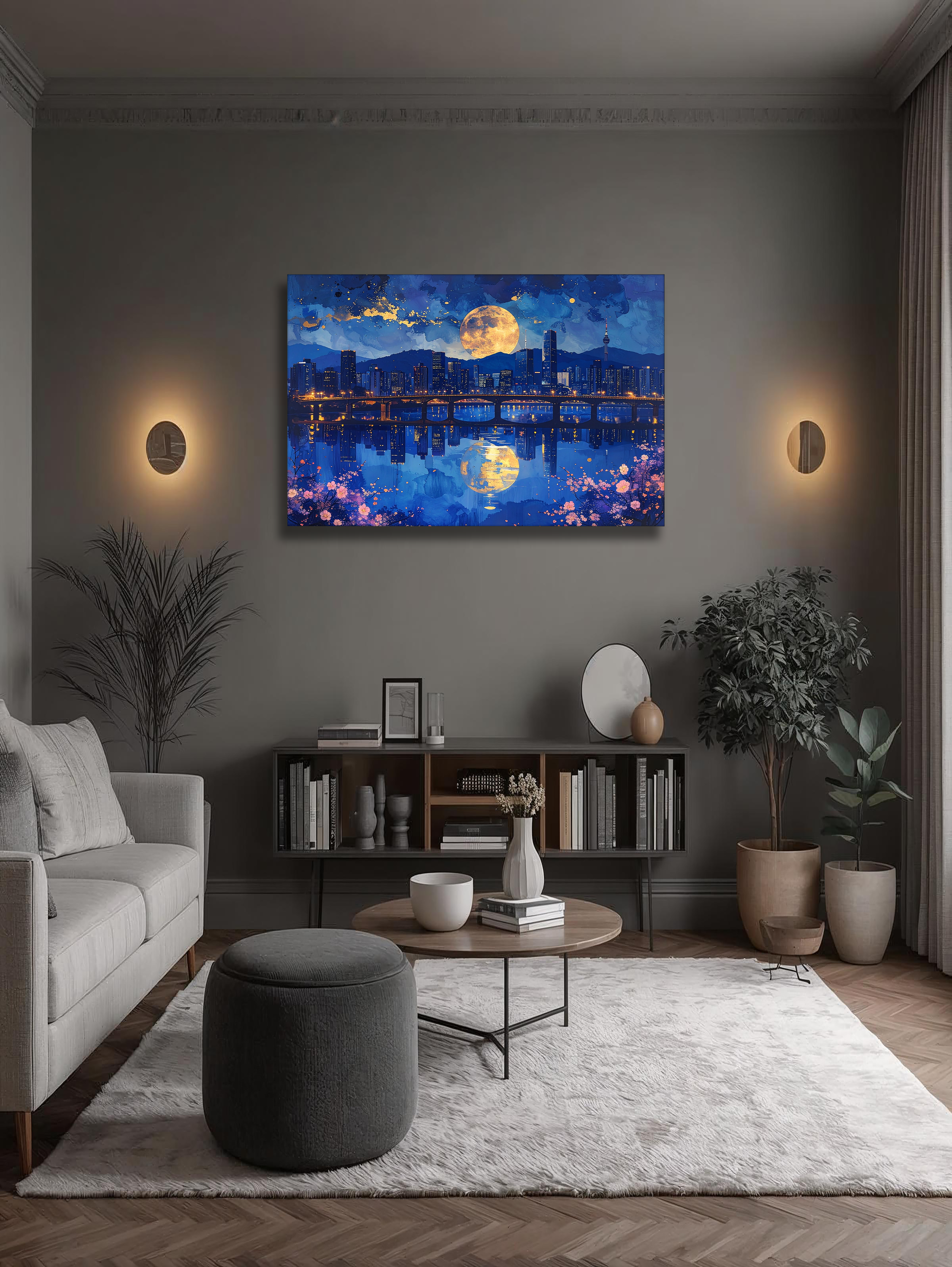 Moonlight Over Seoul – Korean City Nightscape Canvas Art
