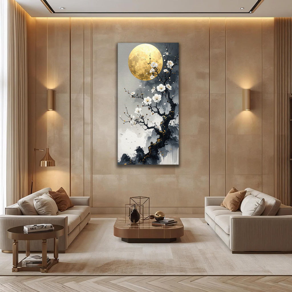 Golden Moon over White Blossoms (Portrait Canvas Edition)