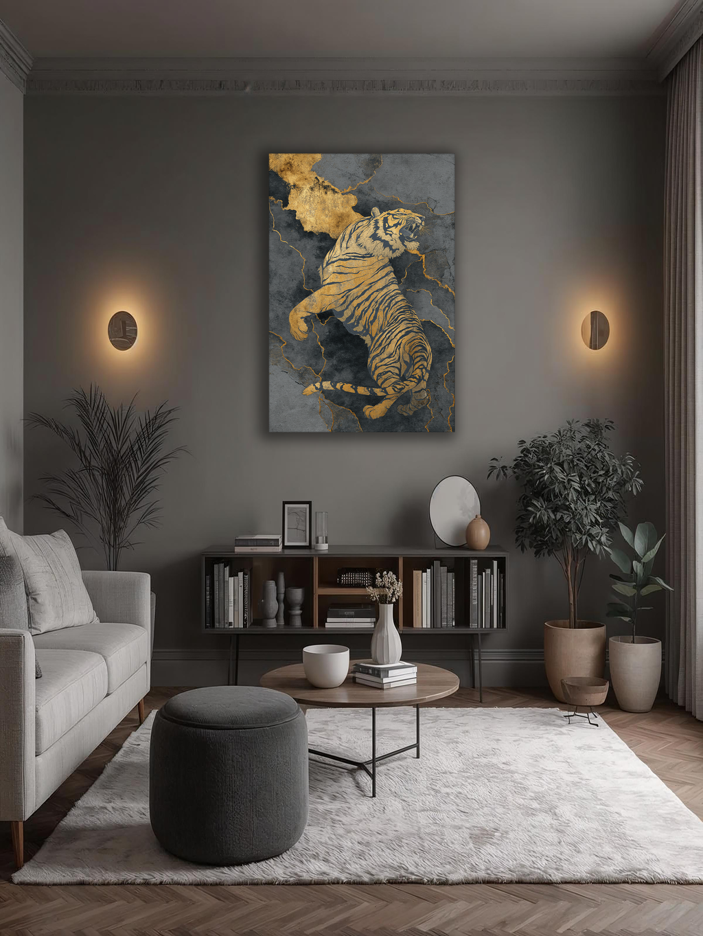 Korean Gold Tiger Canvas Art | Luxury Dark Marble Style