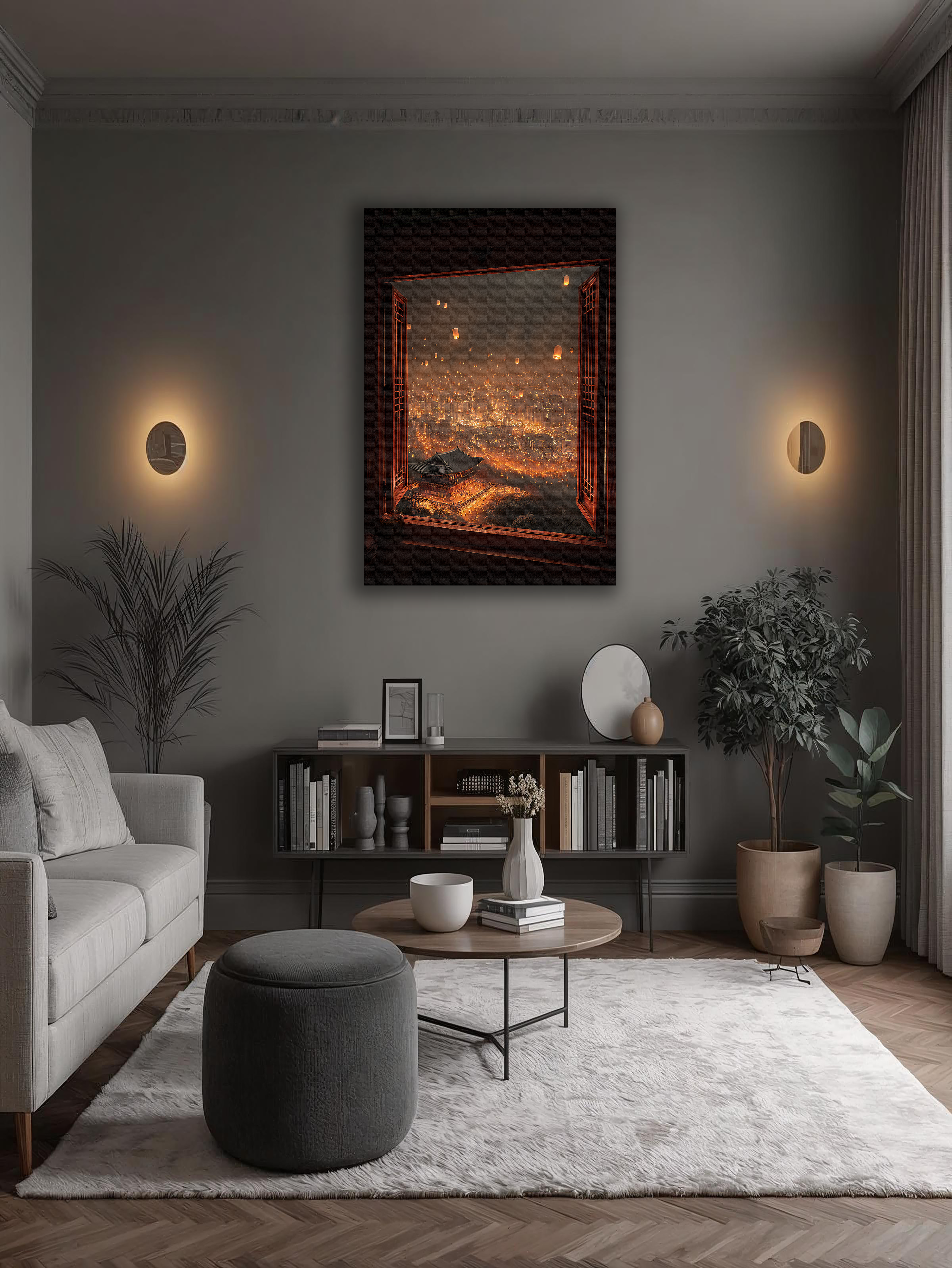 Korean Lanterns Over the City Canvas Art