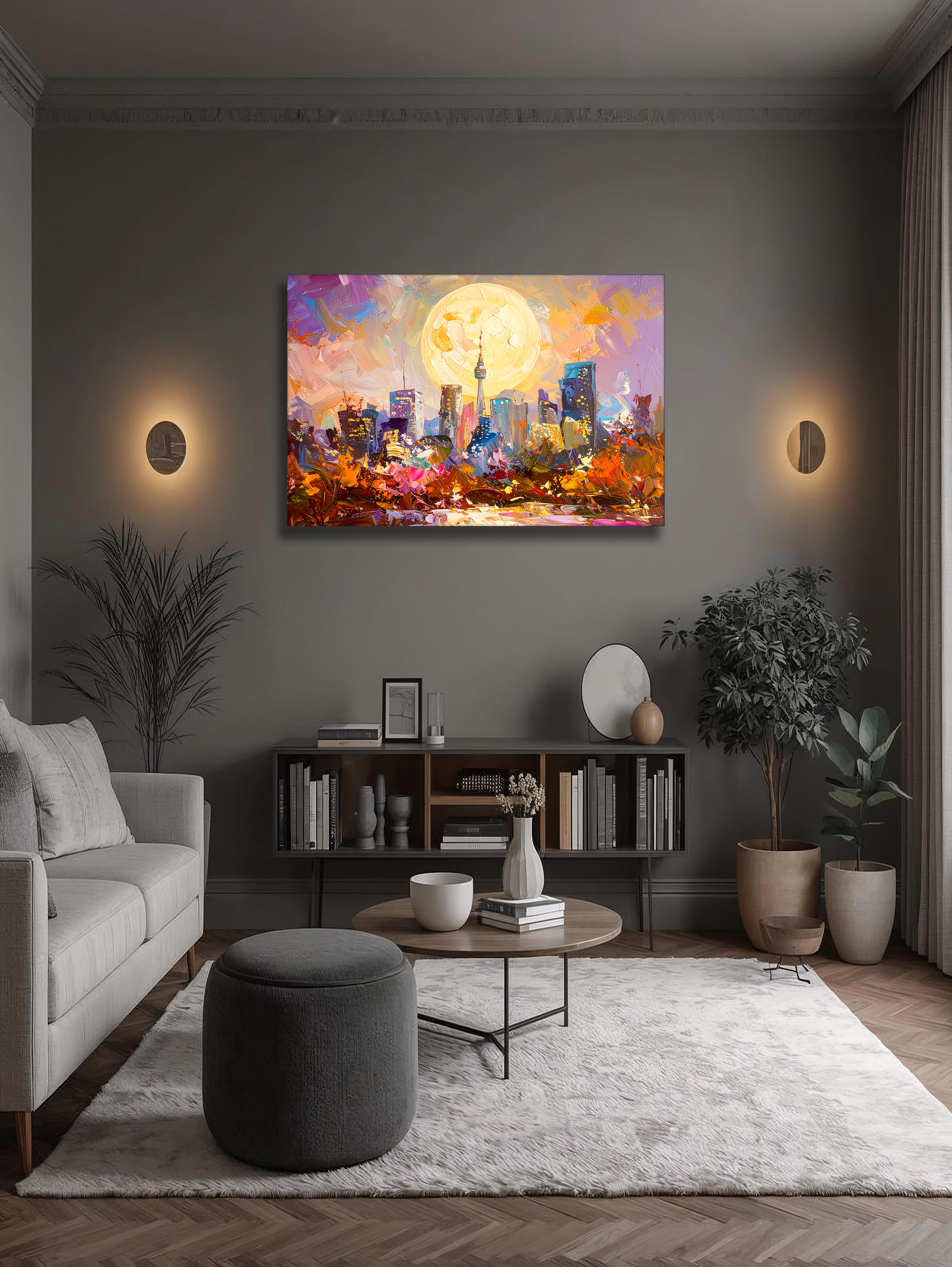 Seoul in Golden Moonlight – Abstract Korean Cityscape Canvas Art