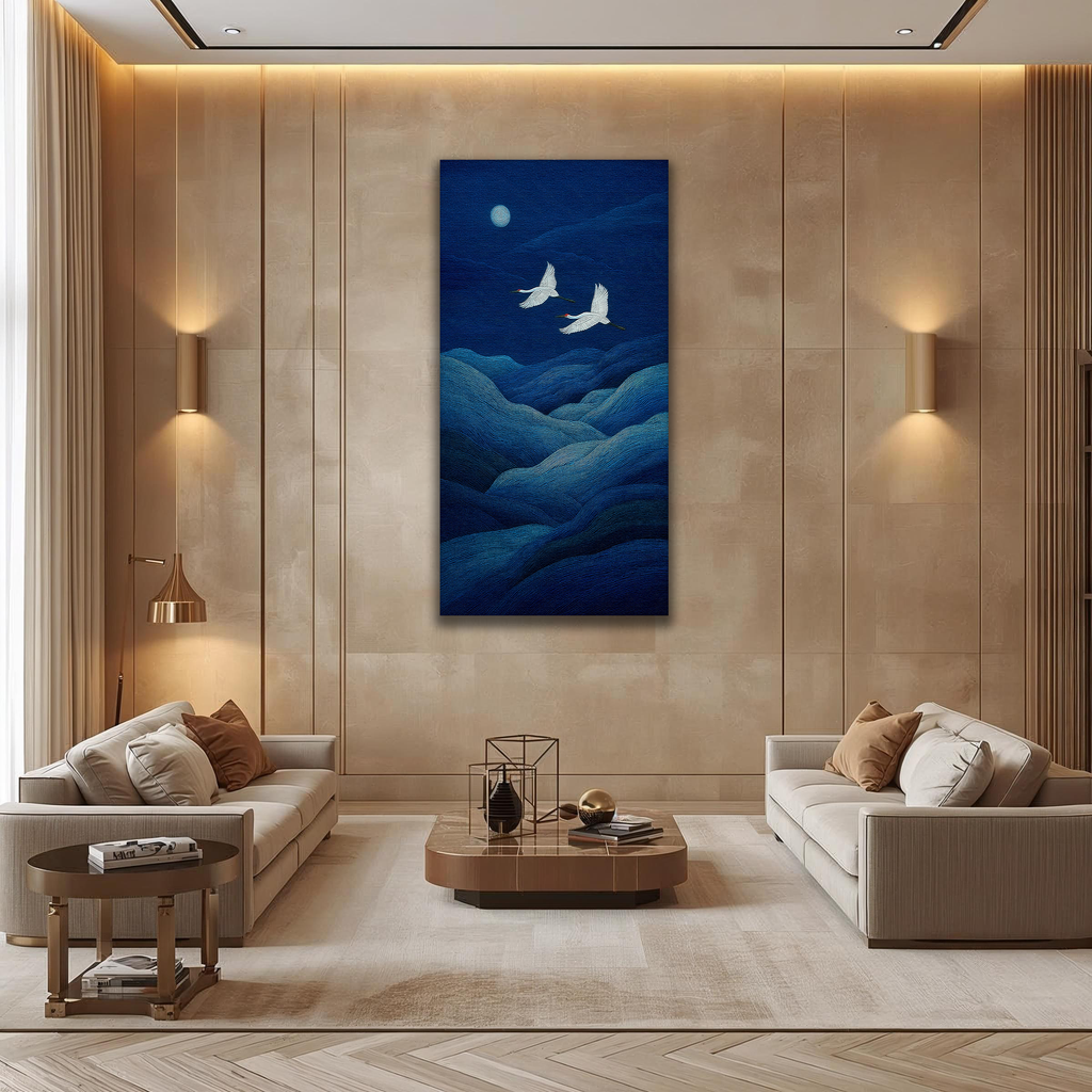 Cranes beneath the Moonlit Waves (Portrait Canvas Edition)