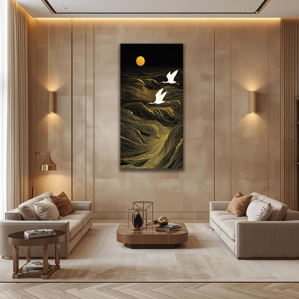 Golden Cranes over Midnight Waves (Portrait Canvas Edition)