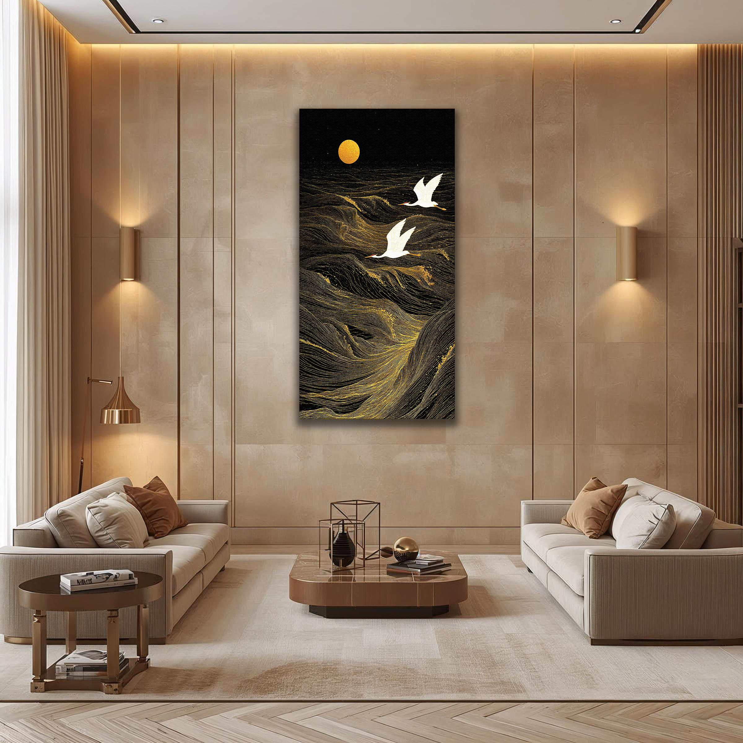Golden Cranes over Midnight Waves (Portrait Canvas Edition)