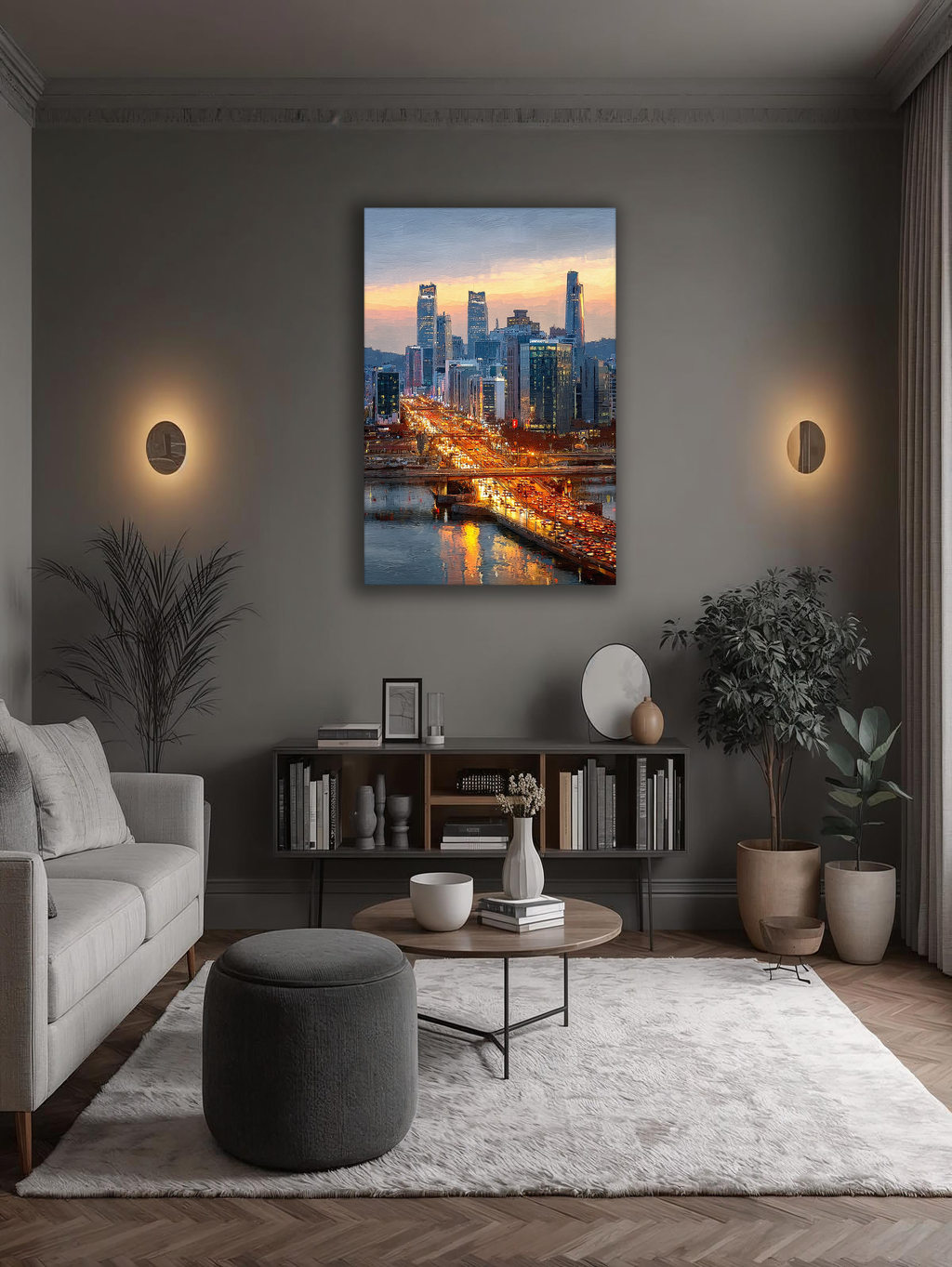 Korean Cityscape Canvas Art | Seoul River Sunset Glow