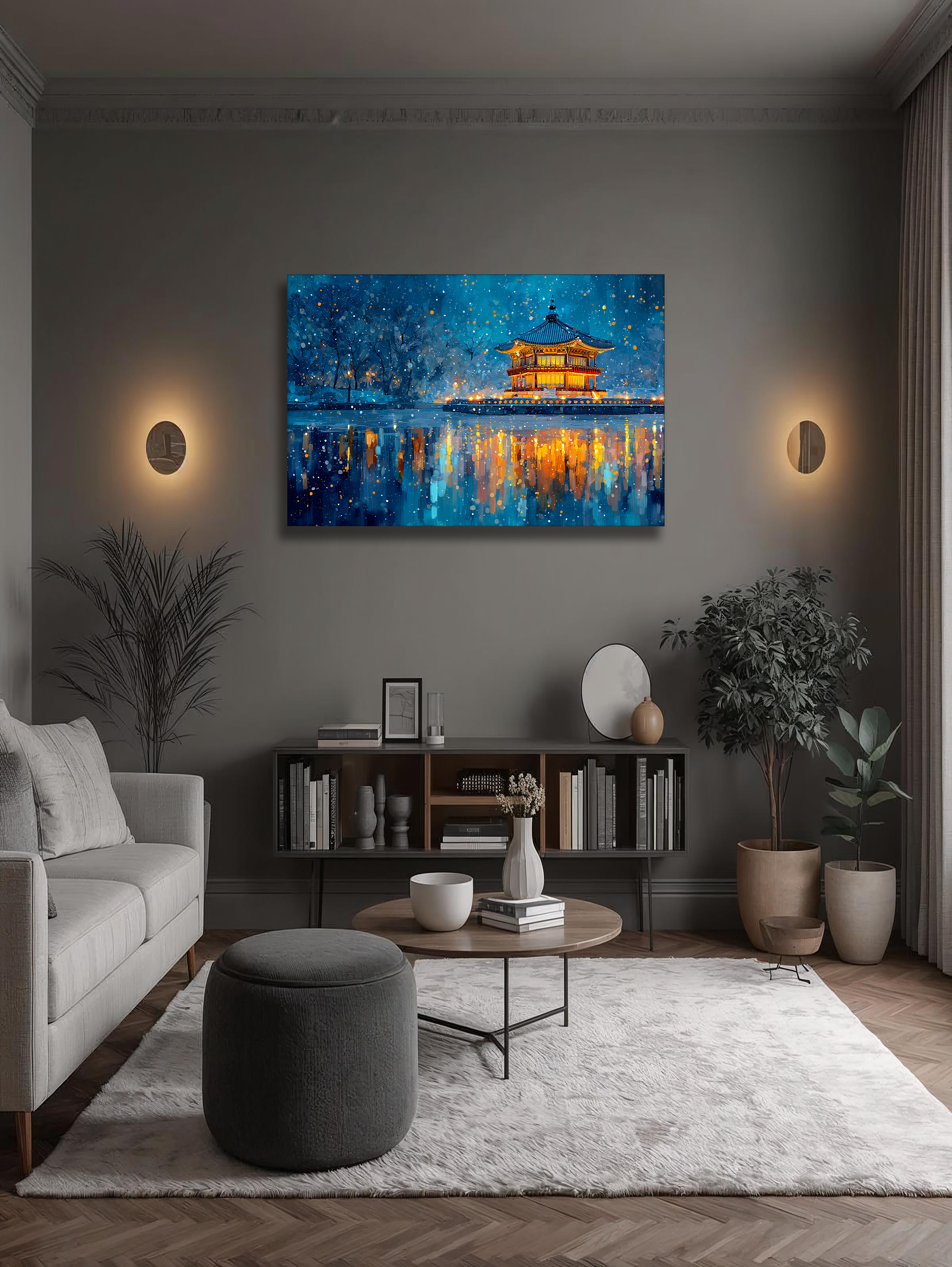 Korean Winter Pavilion Canvas Art | Night Lake Reflection