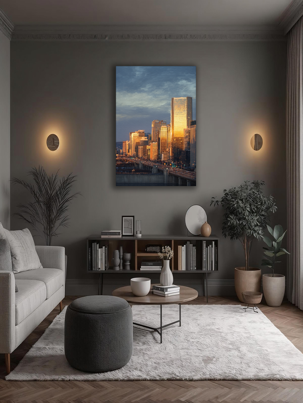 Korean Cityscape Canvas Art | Golden Seoul Sunset Towers