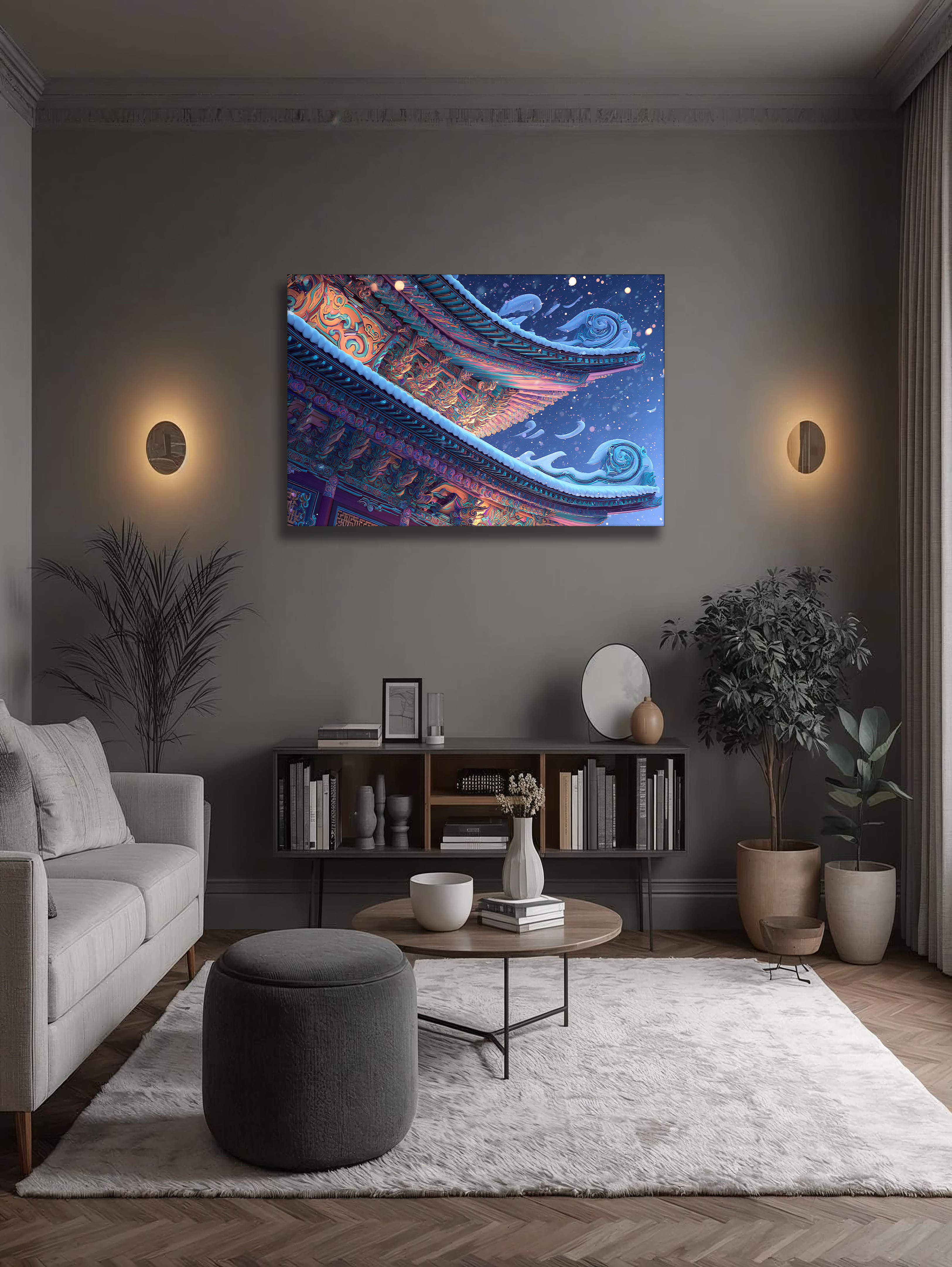 Korean Winter Temple Roof Canvas Art | Snowy Dancheong Night