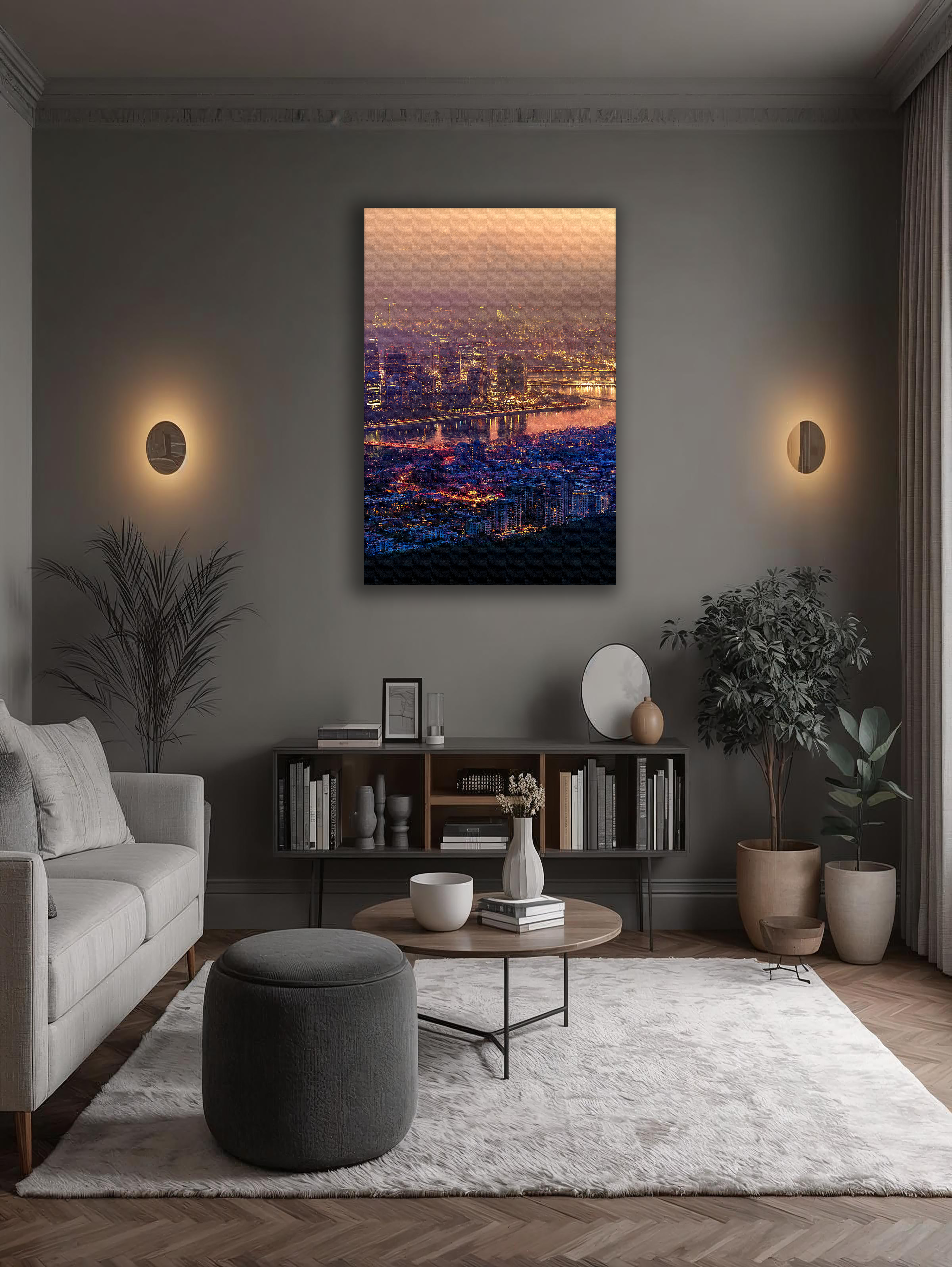 Korean Cityscape Canvas Art | Seoul Dusk Skyline View