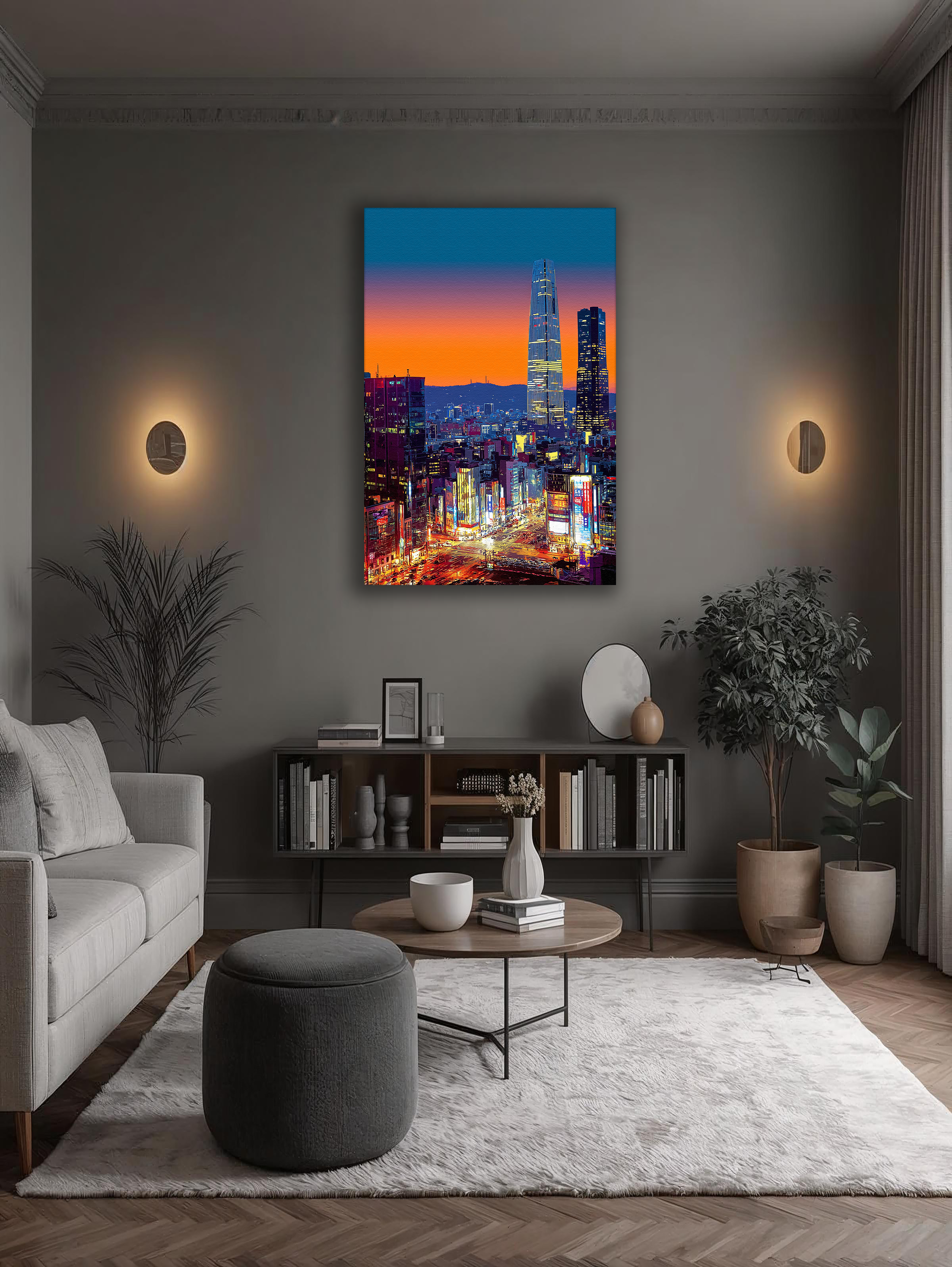 Korean Cityscape Canvas Art | Neon Seoul Sunset Towers