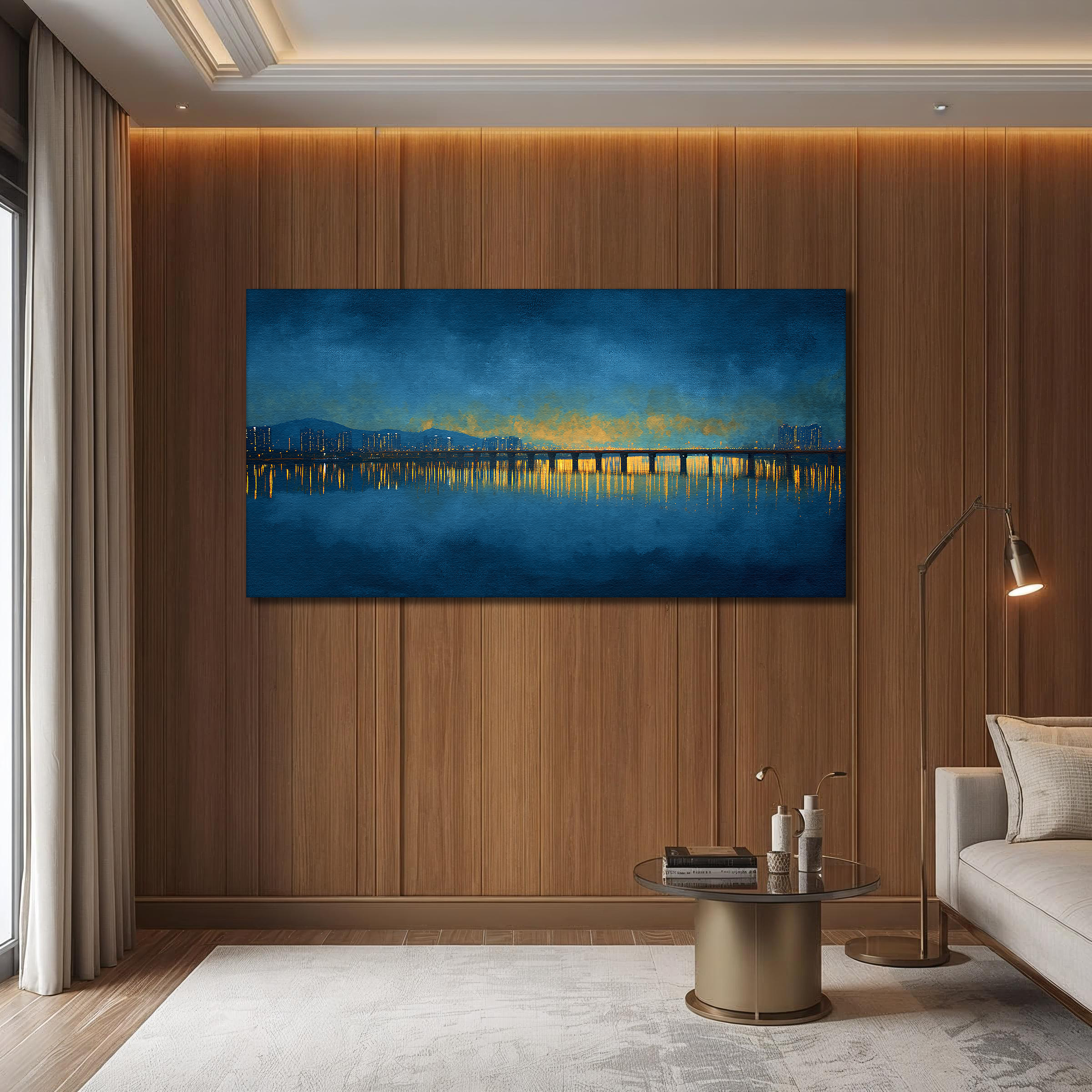 Korean Night River Canvas Art | Seoul Bridge Reflections (Landscape Canvas Edition)