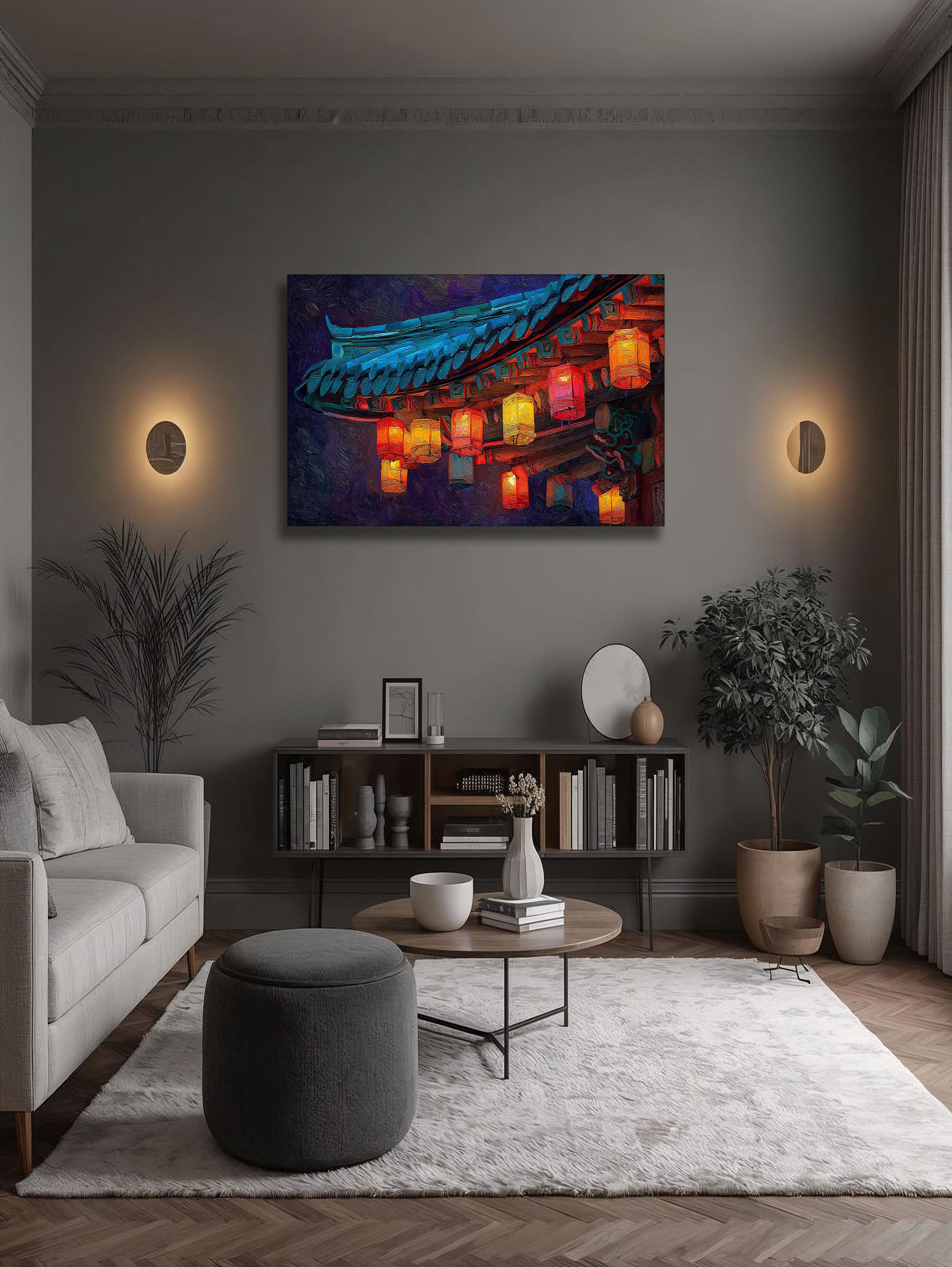 Korean Lantern Night Canvas Art | Temple Roof Glow