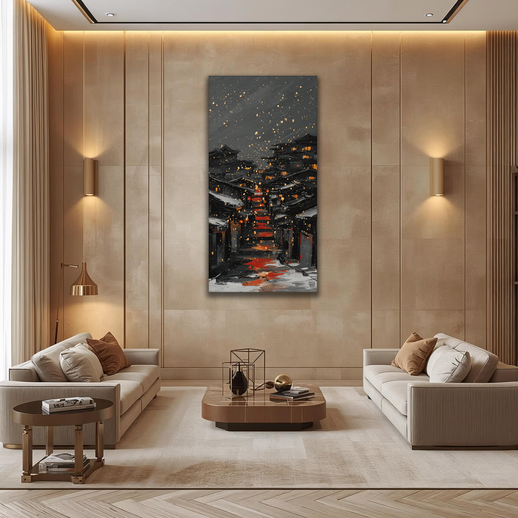 Korean Night Village Canvas Art | Red Path & Gold Snow (Portrait Canvas Edition)