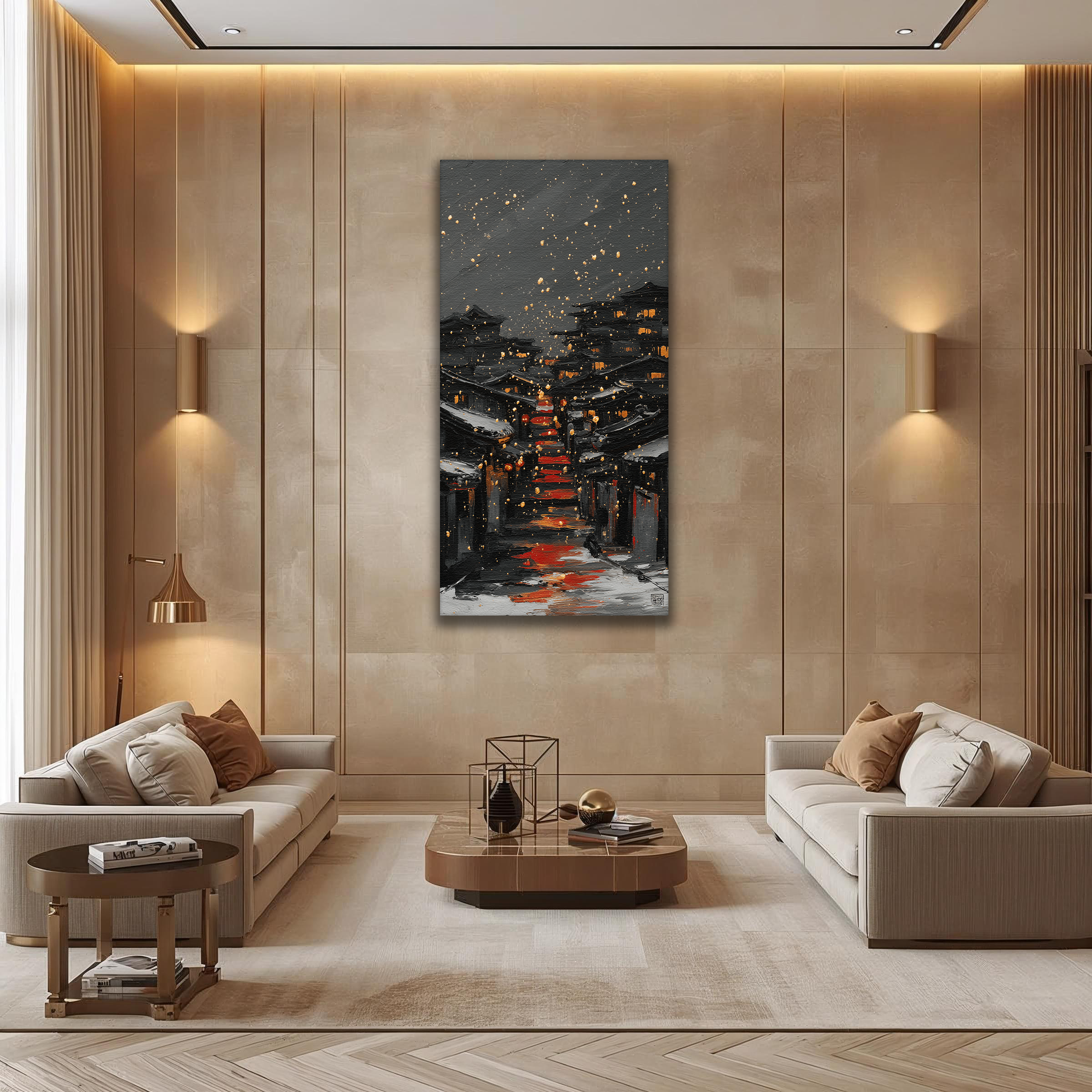 Korean Night Village Canvas Art | Red Path & Gold Snow (Portrait Canvas Edition)
