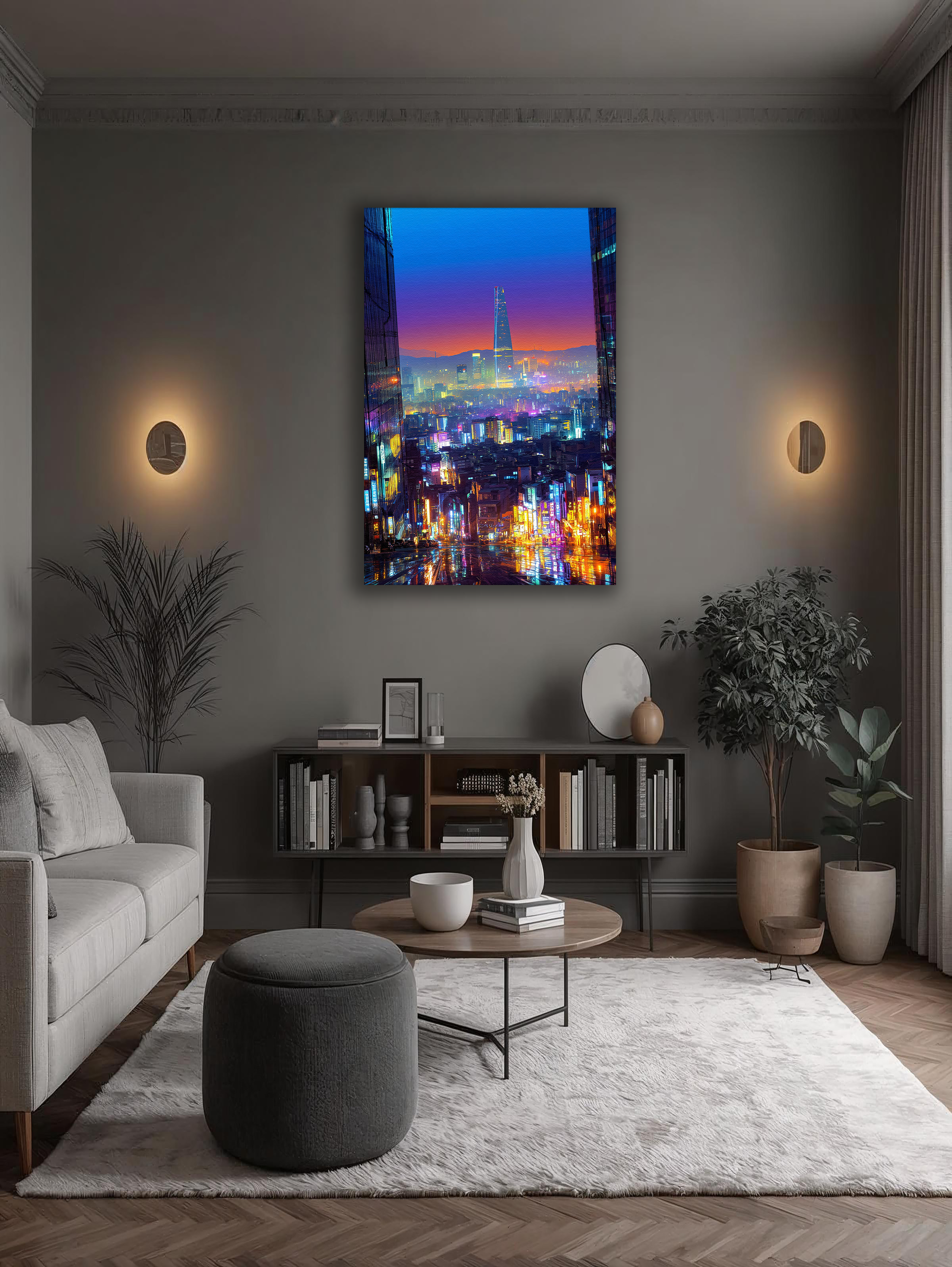 Korean Cityscape Canvas Art | Neon Seoul Rain Glow