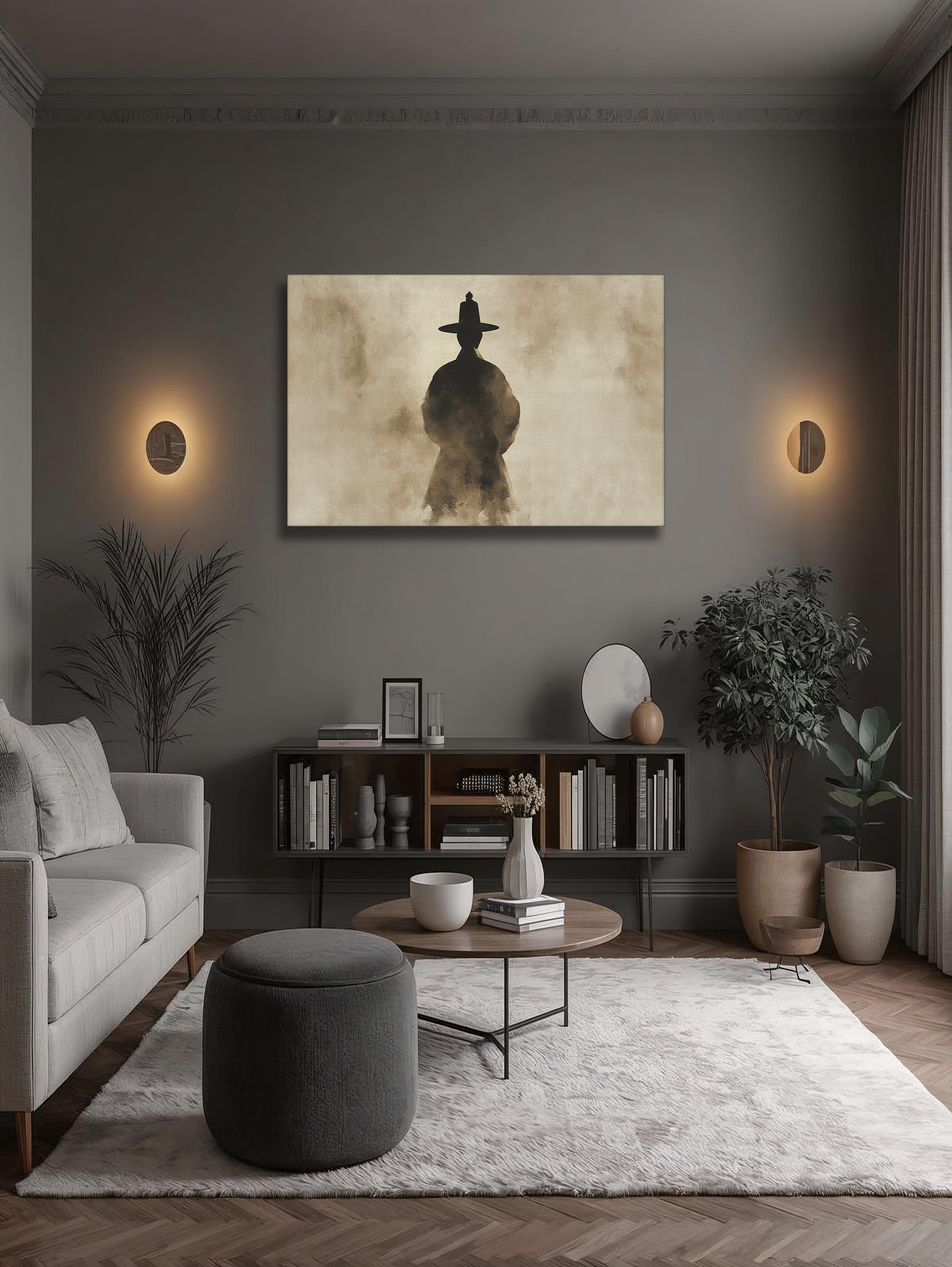 Korean Scholar Silhouette Canvas Art | Sepia Minimal Style