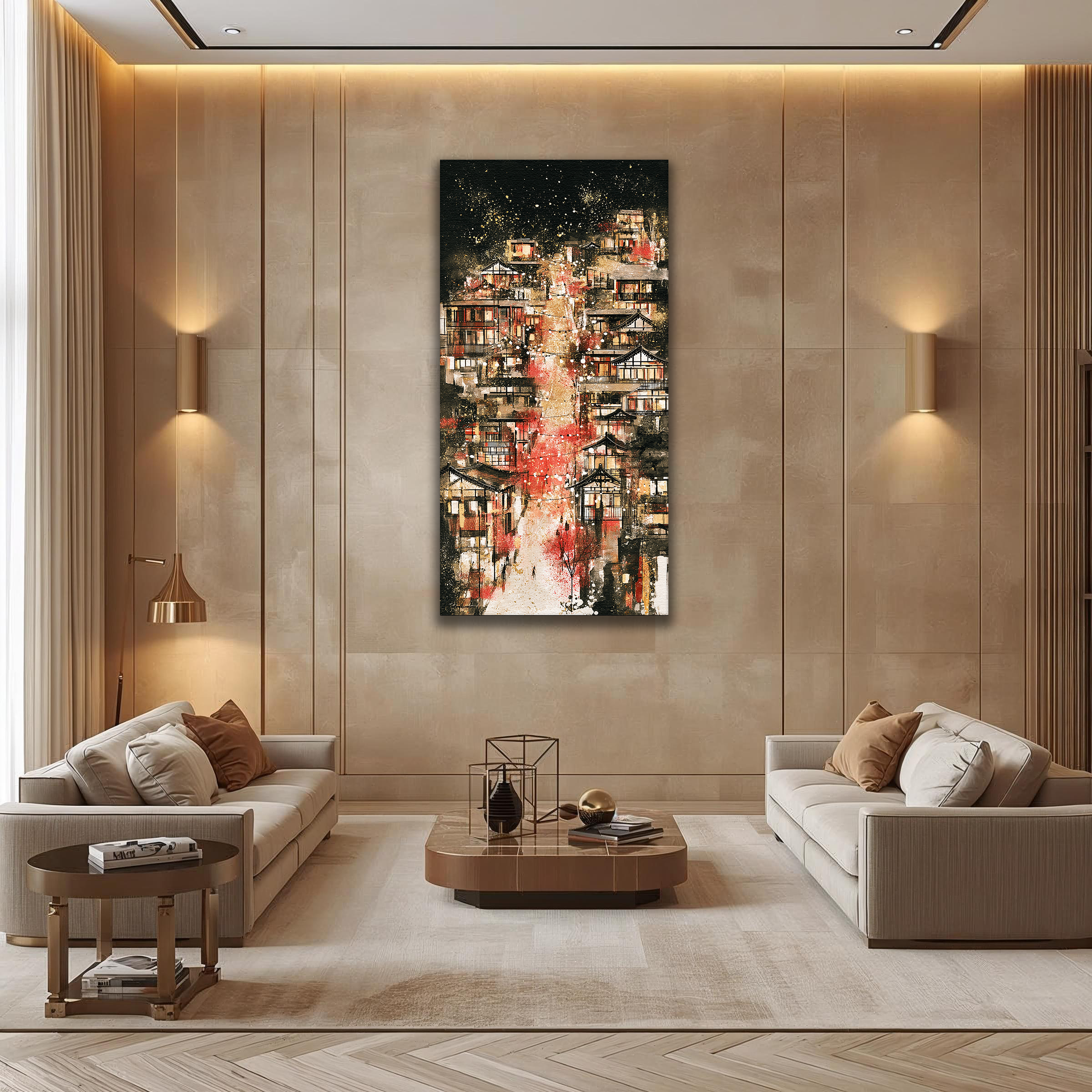 Korean Hillside Village Canvas Art | Red Winter Path (Portrait Canvas Edition)