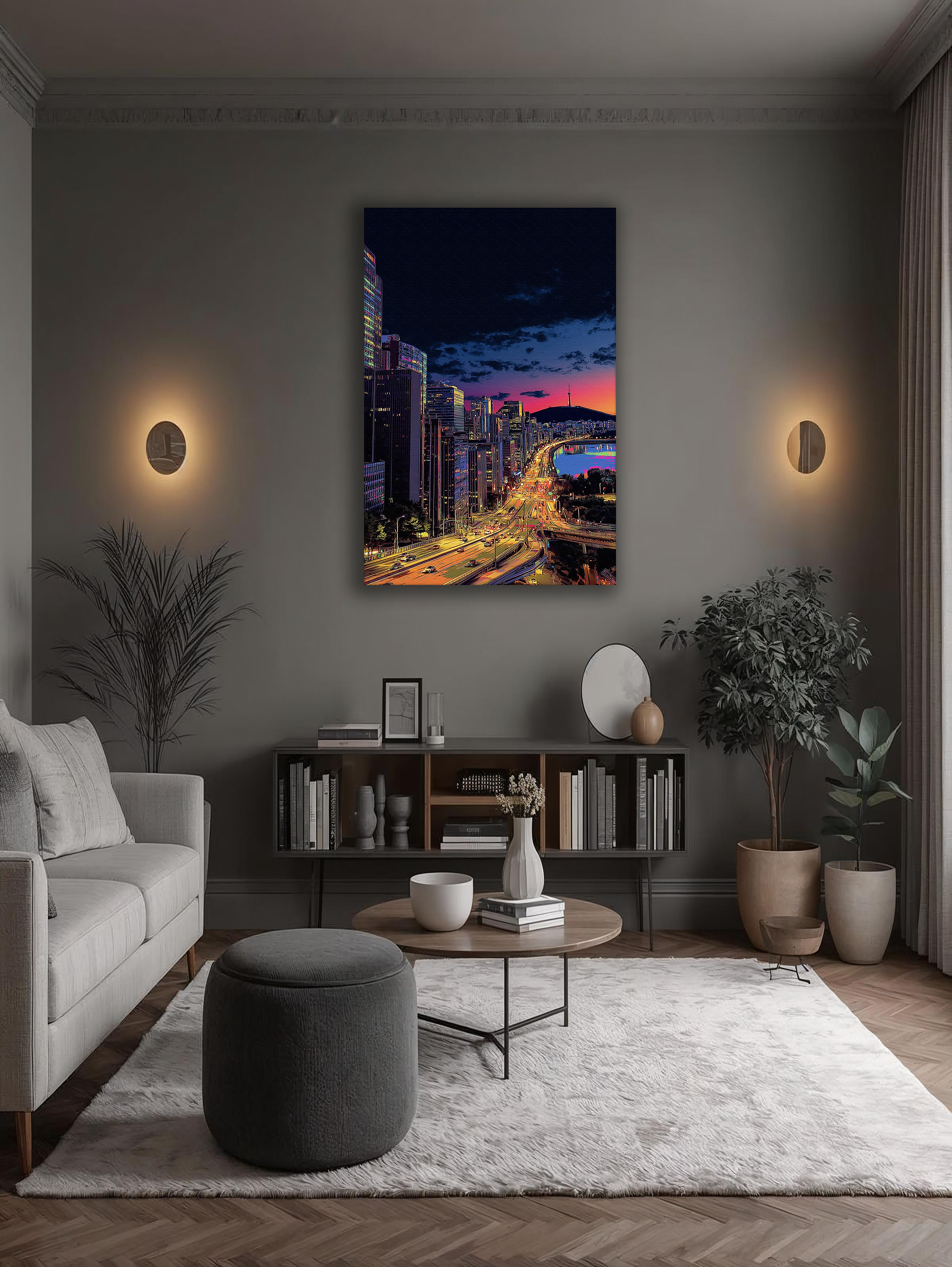 Korean Cityscape Canvas Art | Neon Seoul River Night