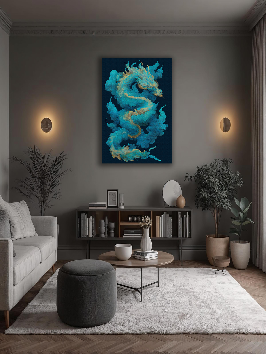 Korean Dragon Vertical Canvas Art – Teal & Gold Mythic Wall Decor