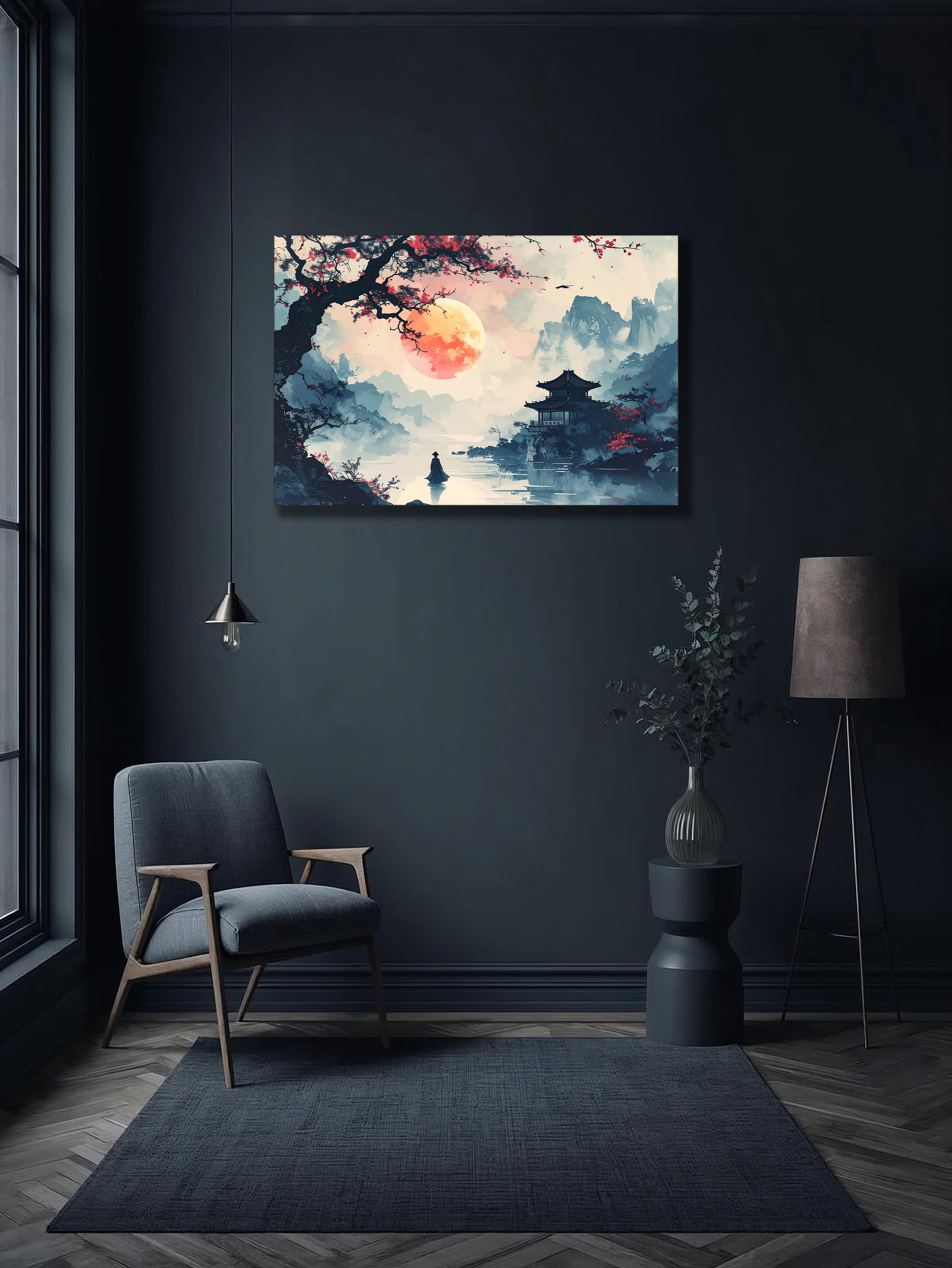 Crimson Moon over the Pavilion – Korean Landscape Canvas Art