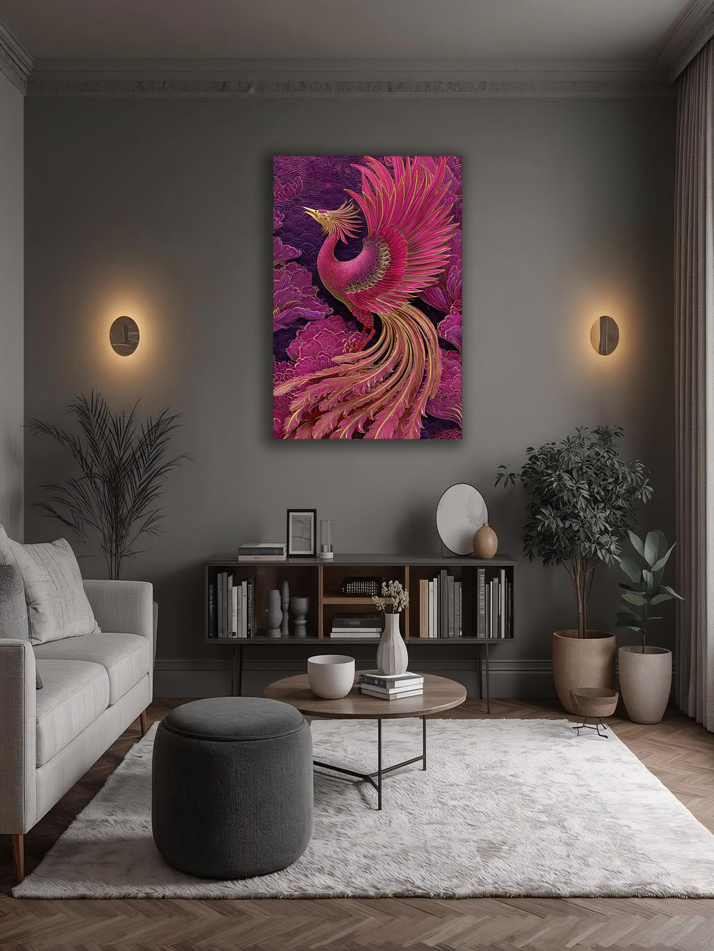 Korean Phoenix Vertical Canvas Art – Symbolic Mythical Bird Wall Decor