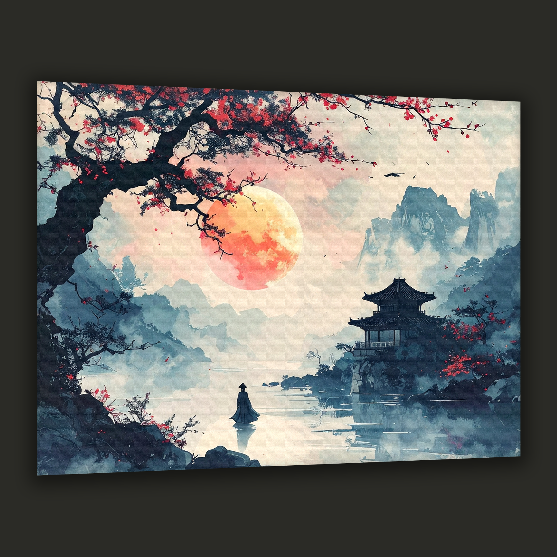 Crimson Moon over the Pavilion – Korean Landscape Canvas Art