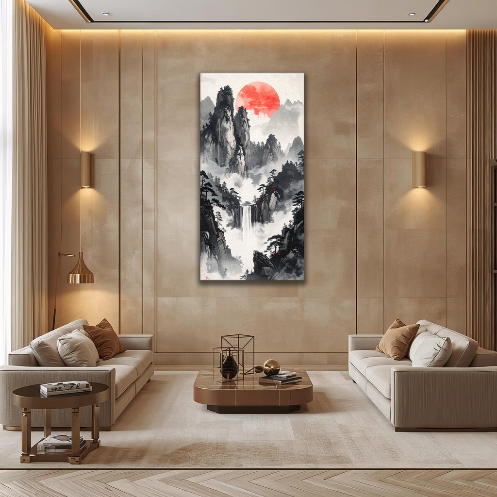 Scarlet Sun over Misty Falls (Portrait Canvas Edition)
