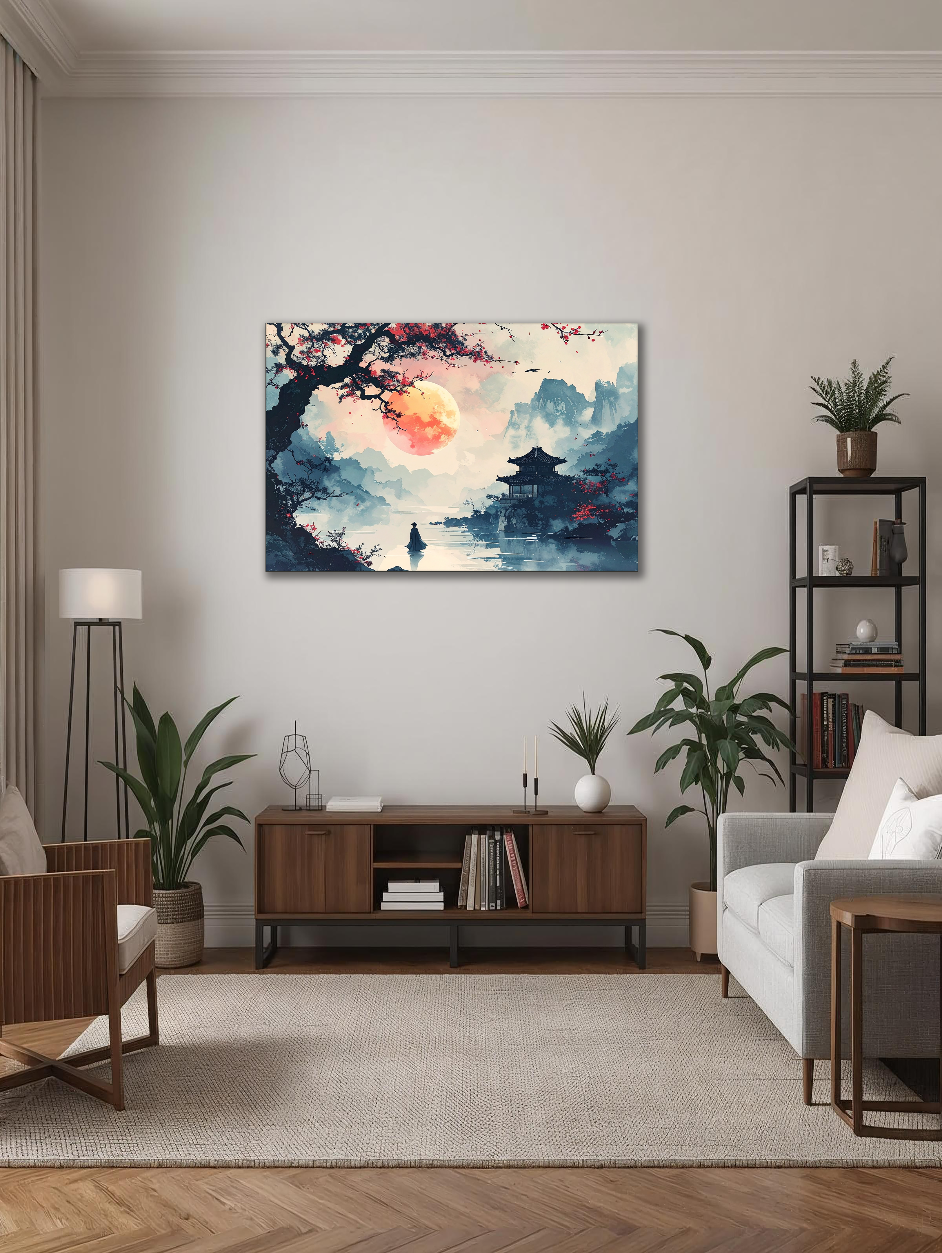 Crimson Moon over the Pavilion – Korean Landscape Canvas Art
