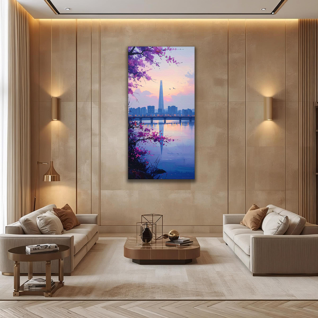 Twilight Blossoms over Seoul Skyline (Portrait Canvas Edition)