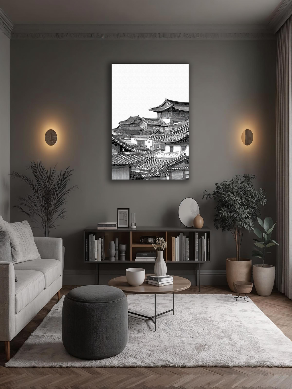 Korean Hanok Village Skyline Canvas Art