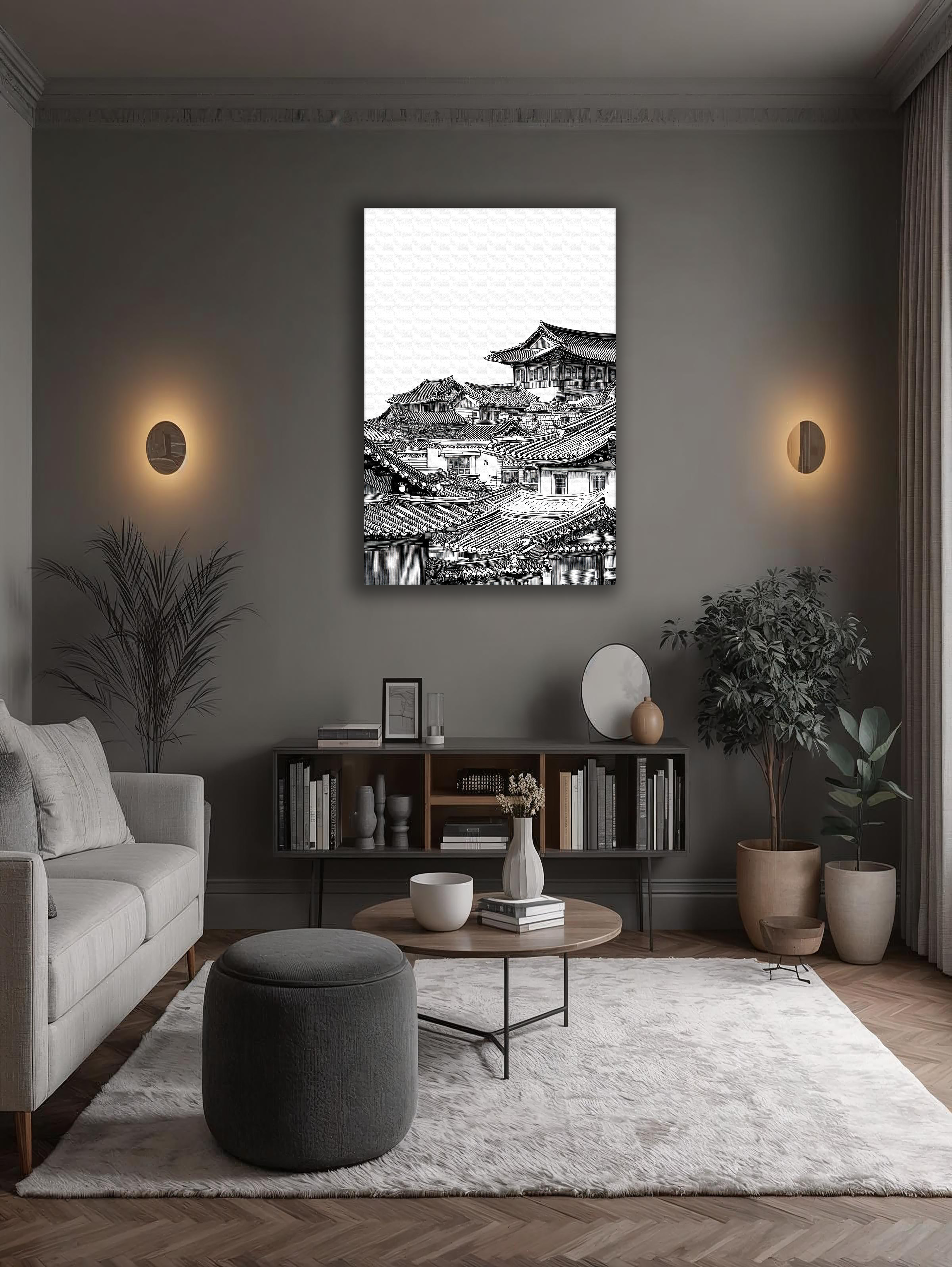 Korean Hanok Village Skyline Canvas Art