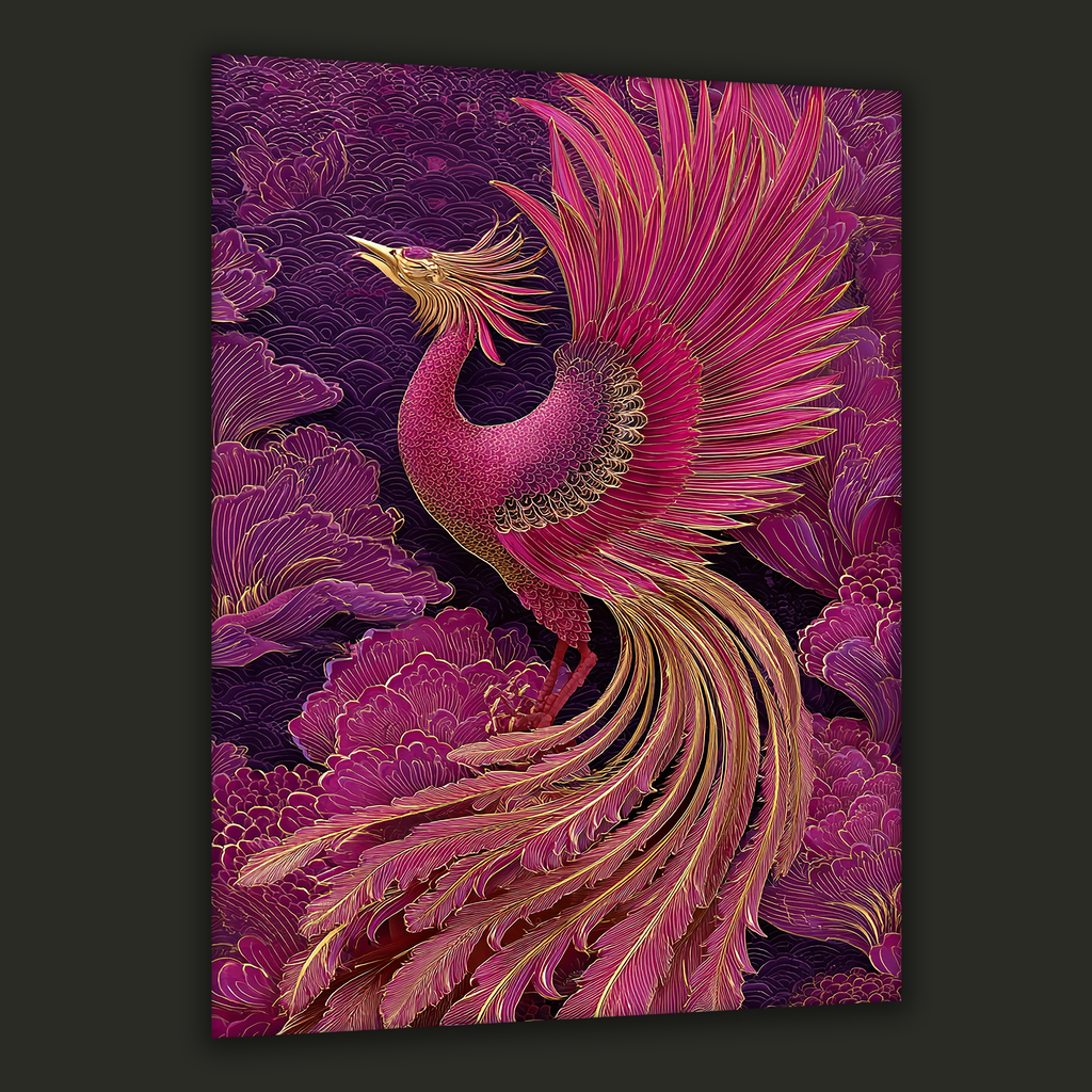 Korean phoenix bird in crimson and gold tones vertical canvas art