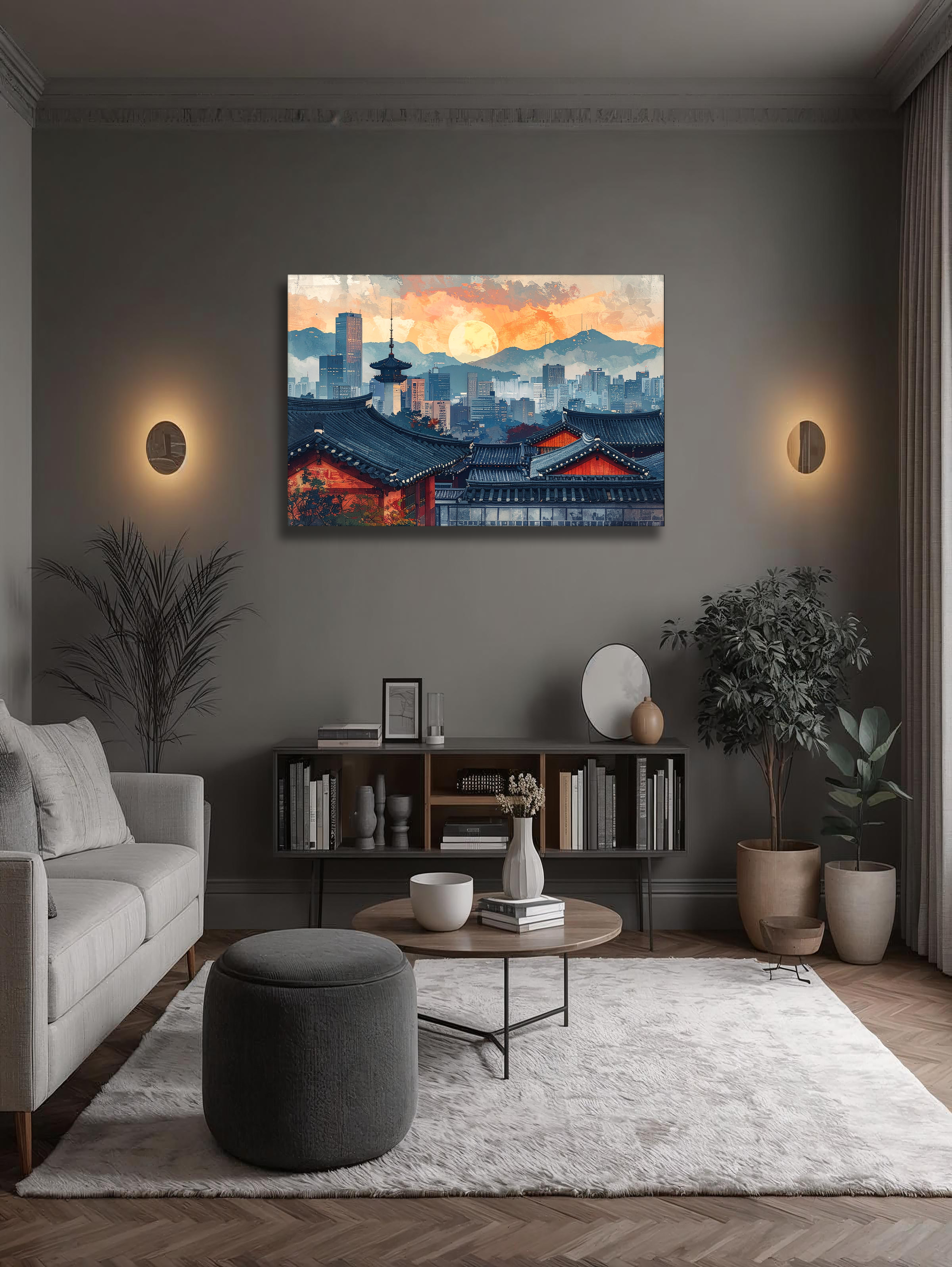 Moon Over Modern Seoul – Korean Cityscape Landscape Canvas Art